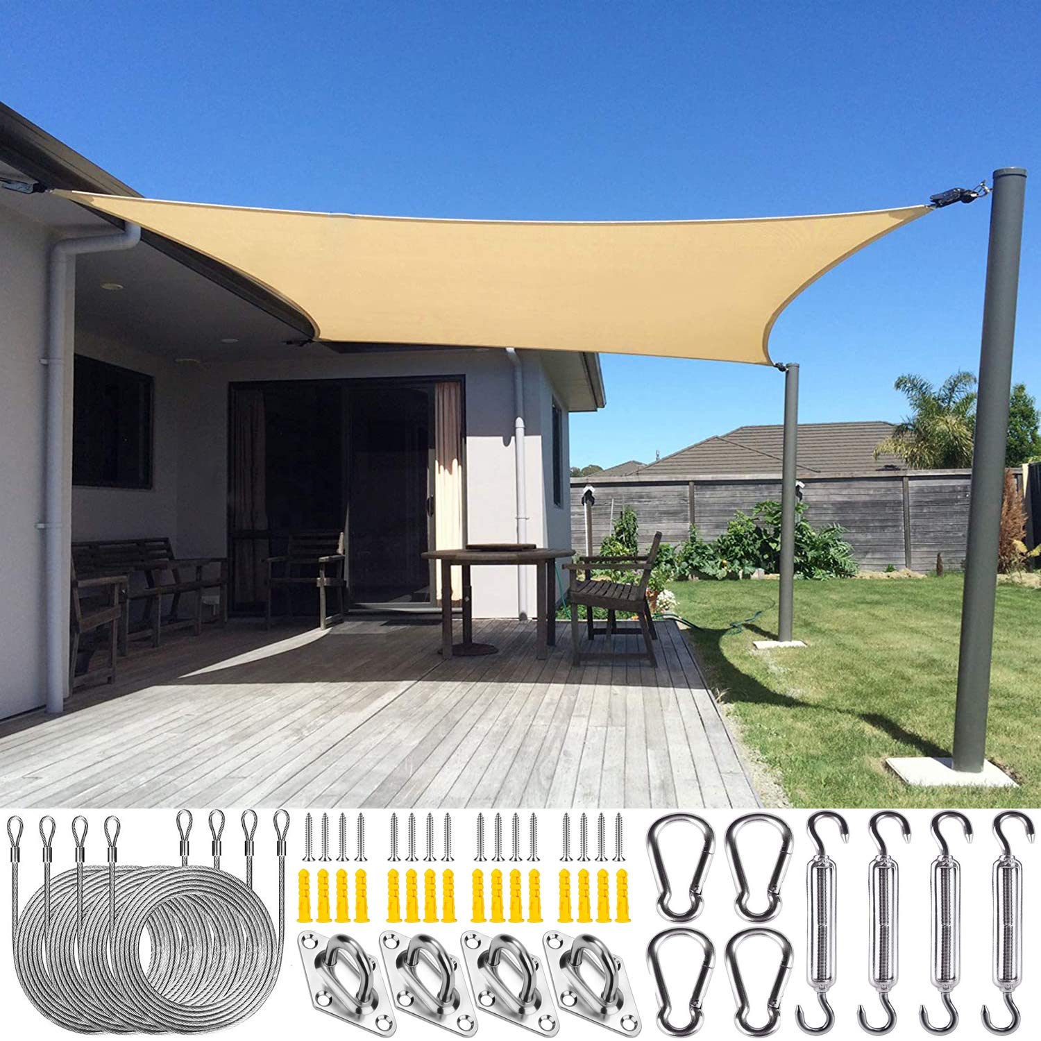 IE Sun Shade Sail Rectangle, Sand Sun Shade Sail, UV Block Canopy Water Resistant Awning Shade Cover, Sun Shade Cloth for Patio Garden Backyard Lawn Outdoor Activities (3 * 5 M)