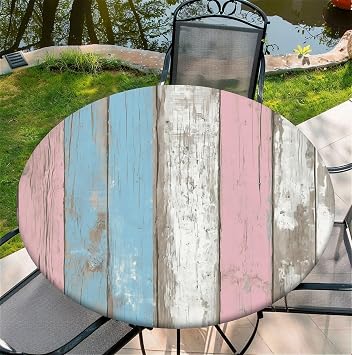 Round Fitted Tablecloth with Elastic Edge for 44in Tables,Washable Table Cover for Party Picnic Dinner Farmhouse Tabletop Decor - Pink Blue Wood
