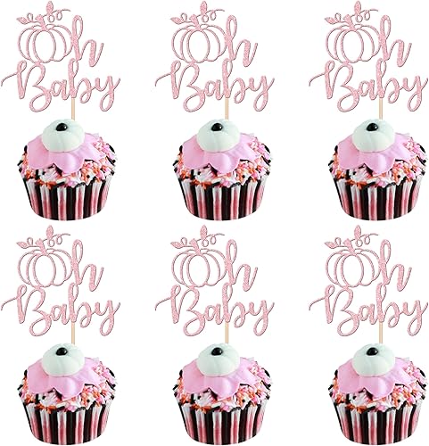Miniatura 240 de 24 piezas de calabaza Oh Baby Cupcake Toppers Glitter Heart Feet Baby Shower Cupcake Picks para otoño, Acción de Gracias, tema de otoño, baby