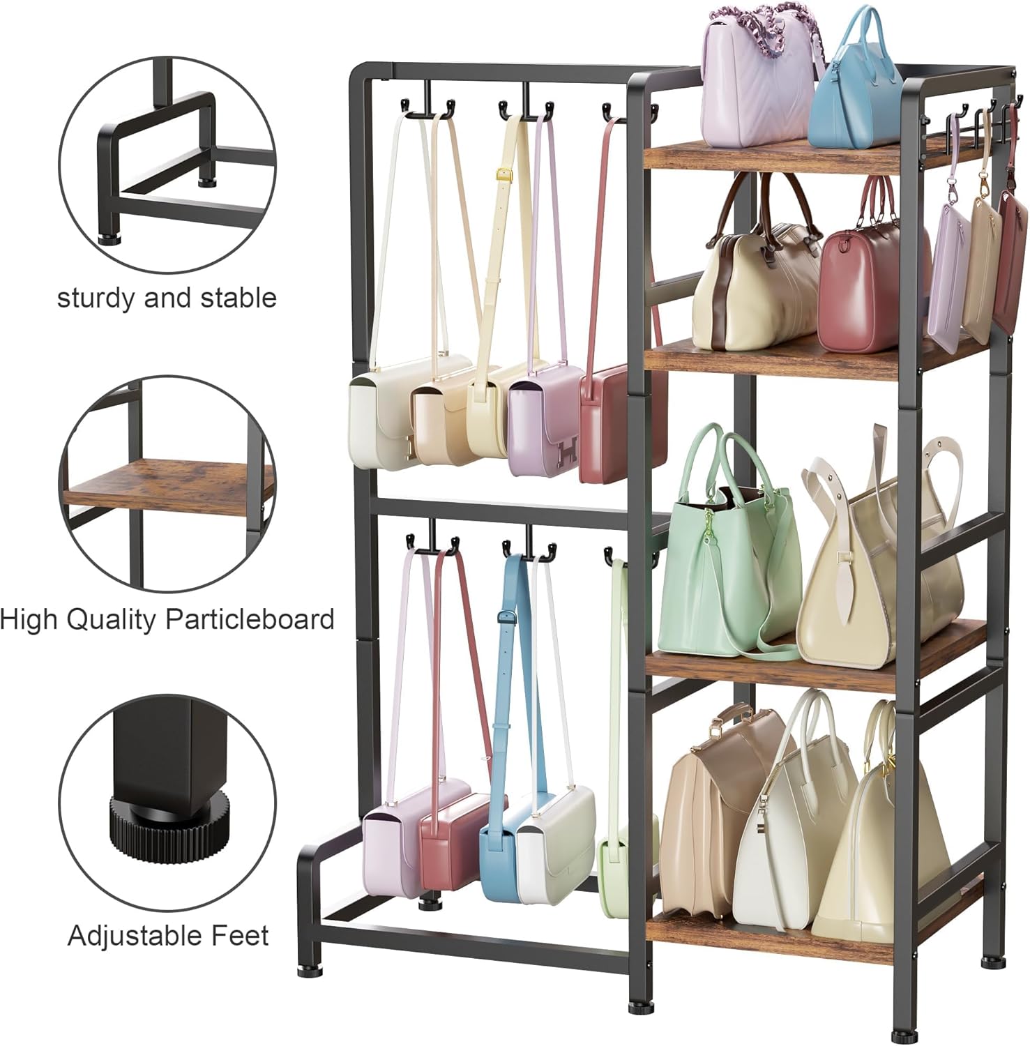 YOHKOH Purse Organizer, 4-Tier Purse Rack Stand with 12 Fixed Hooks & 3 Side Hooks, Bag Organization Closet for Women, Purse Shelf Organizer, Floor Standing Storage for Purses, Handbags, Backpacks