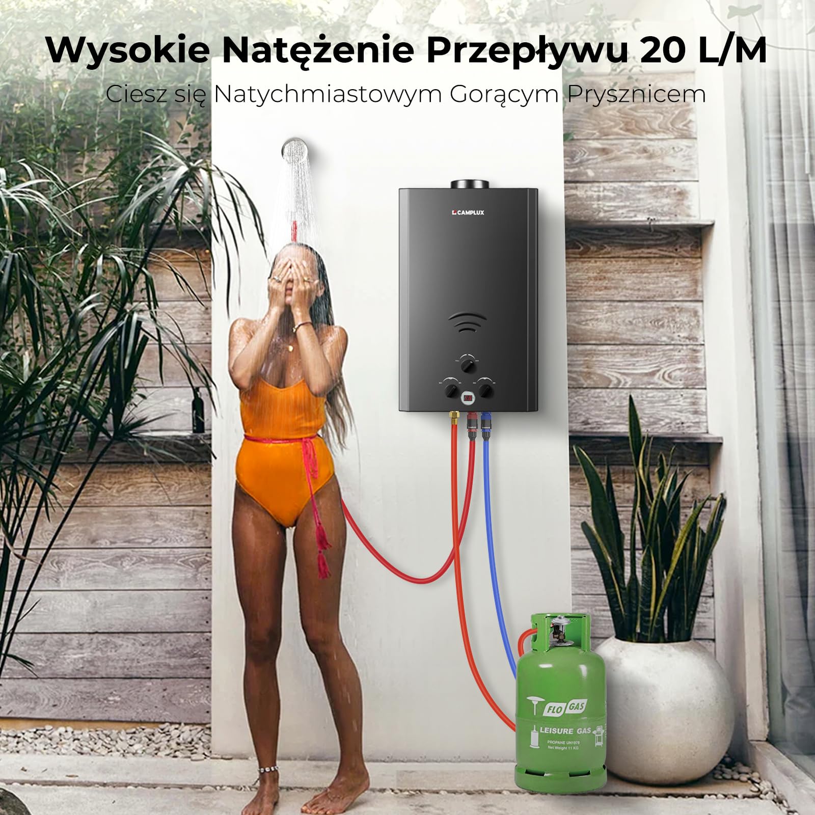 CAMPLUX 20 Litrów Gazowy Podgrzewacz Wody, Natychmiastowy Podgrzewacz Wody LPG do Prysznica Ogrodowego, Kampera, Małego Domku, Seria BW BW528B