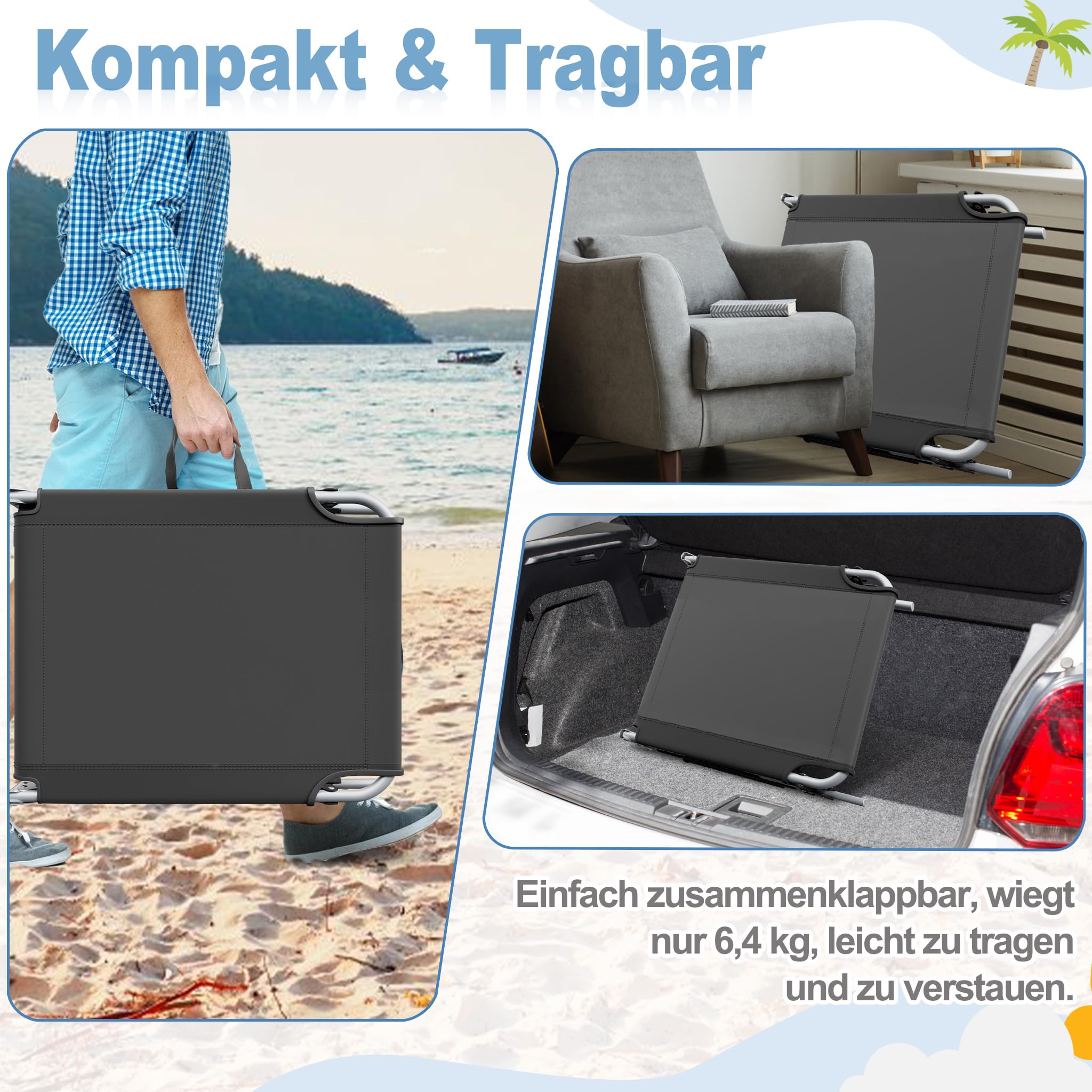 AufuN Sonnenliege Faltbare mit Gesichtsöffnung bis 160kg, 2pcs Strandliege mit Kopfkissen & Tragegriffe & Seitentasche, 3-Fach Verstellbare Liegefläche, Gartenliege für Strandurlaub,Dunkelgrau