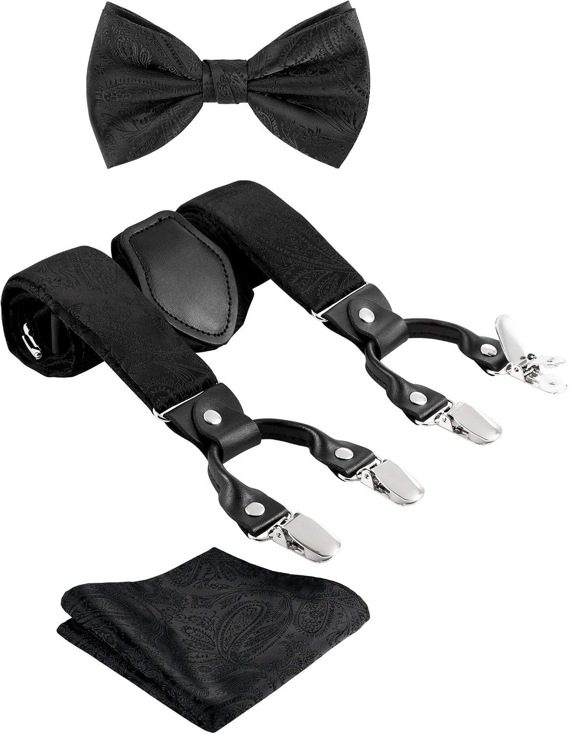 TIE G Paisley Suspender, Bow Tie, Pocket Square Set for Men's Tuxedo Suspenders : Adjustable Braces, Strong Enhanced 6 Clips