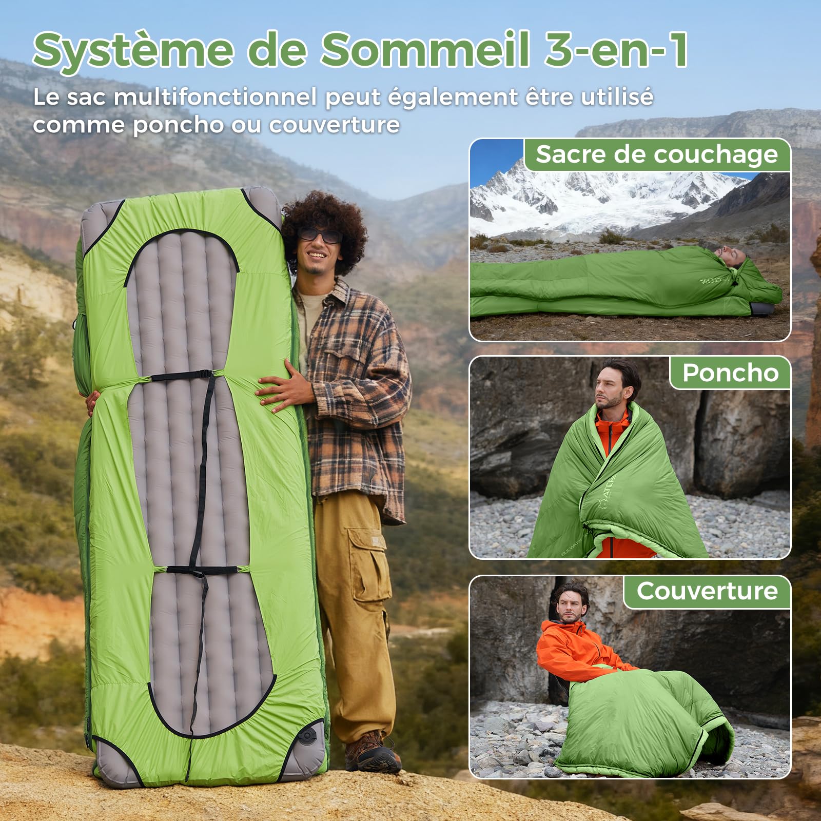 ATEPA Sac de couchage en duvet, sac de couchage d'extérieur pour la chaleur et l'eau, 3 en 1, convient pour 3 saisons, idéal pour les adultes en voyage, camping, peut être combiné avec un tapis