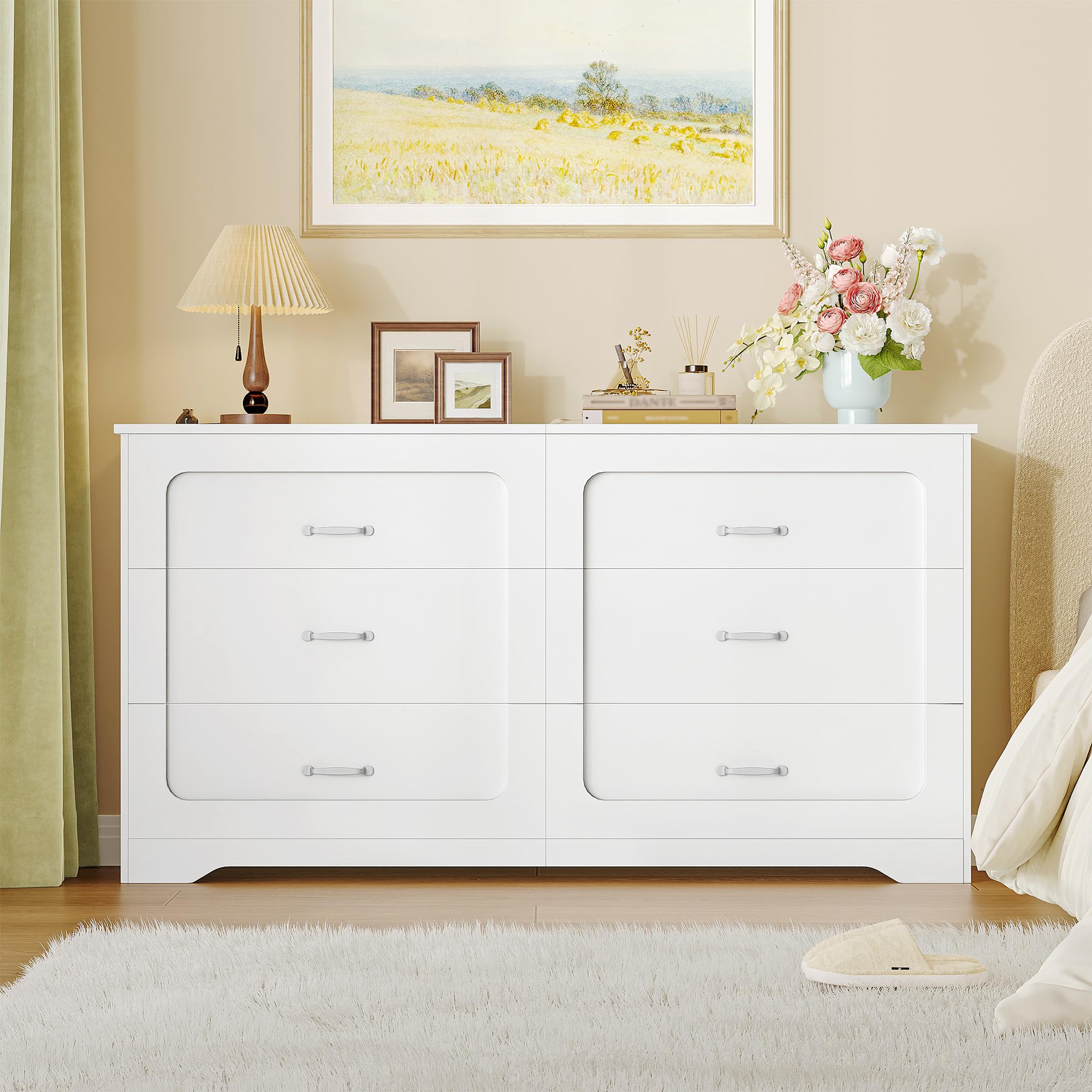Hzuaner Cómoda con Regleta de Enchufes, Cómoda de Doble Columna, 6 Cajones para Dormitorio, Mueble Almacén Moderno para Pasillo, Salón, Vestidor y Oficina 40 x 140 x 75 cm Blanco DC35003XEU