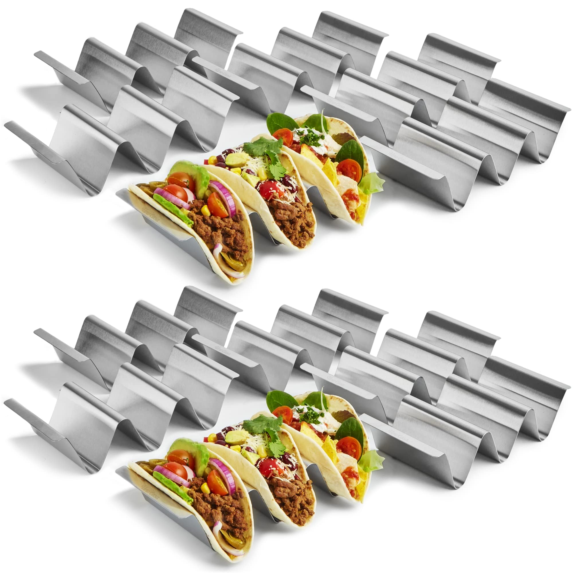 Uno Casa Juego de 12 soportes para tacos Soporte metálico para tortillas - Bandeja para tacos resistente para los martes de tacos o como molde para tortillas, Ebook de recetas