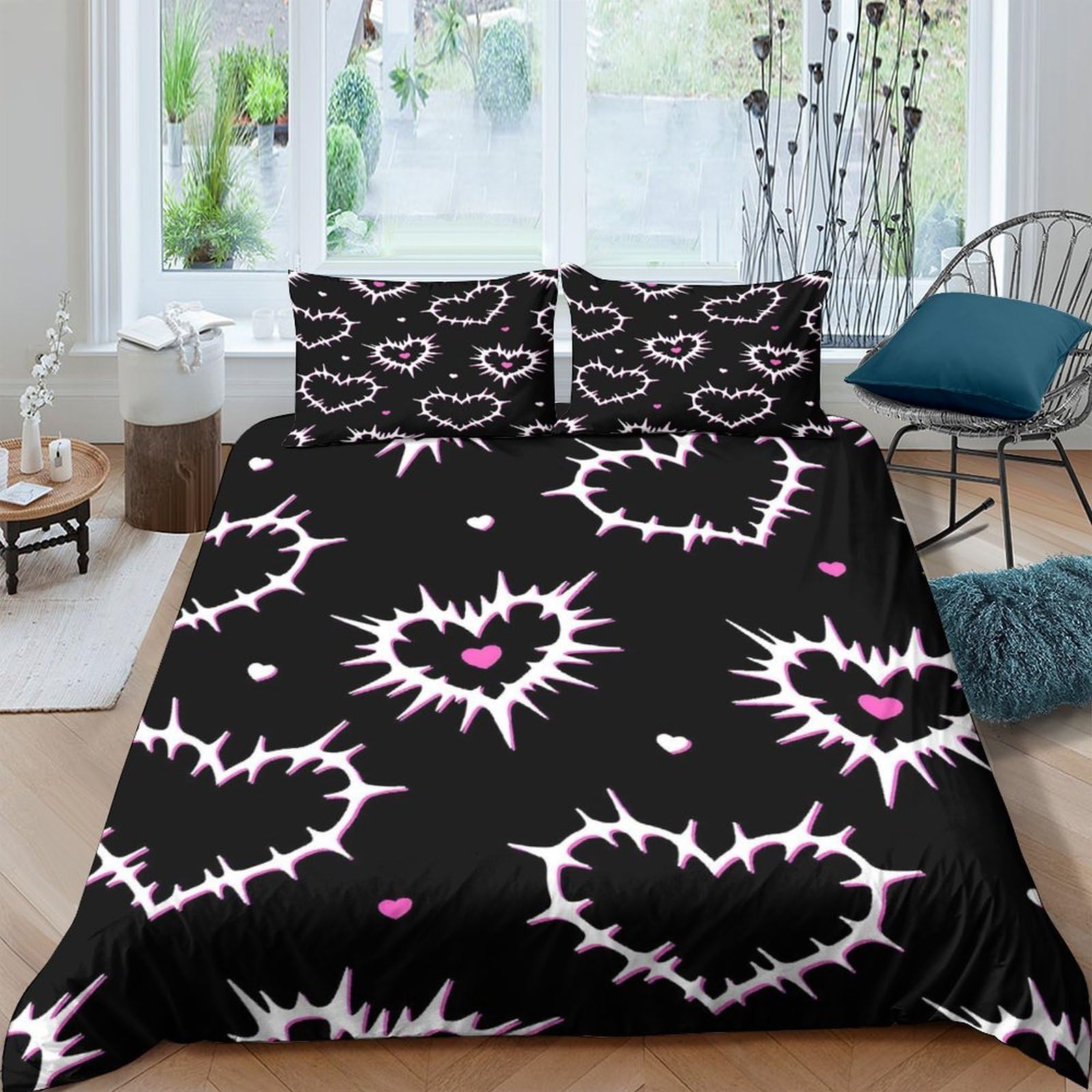Ctjqhvkz Style-6 3D Printed Black Lightning Heart Fitted Sheet Microfiber Soft Bedroom Decor Pink Spiked Heart Mattress Cover Single（135X200cm）