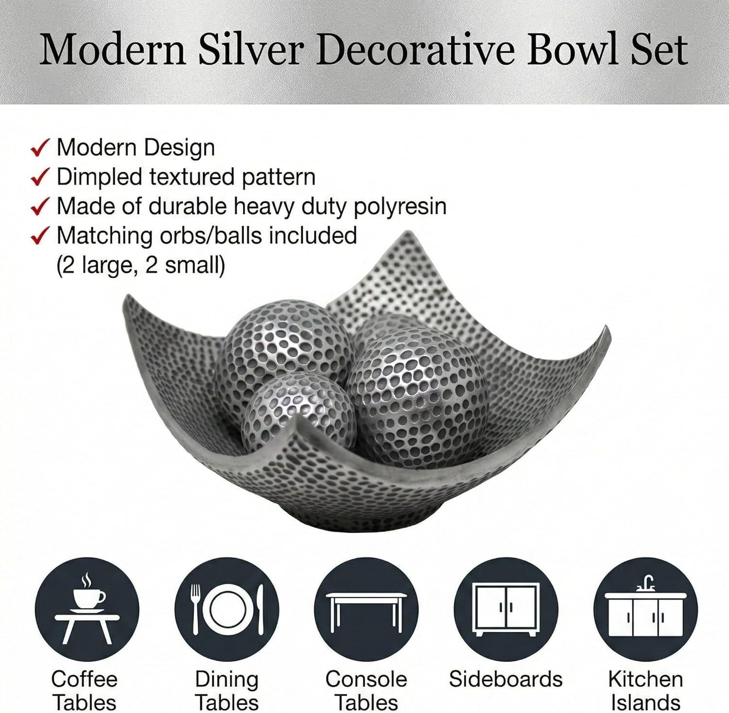 Seraphic 5pc Bowl Table Centerpieces for Dining Room, Large Decorative Bowls for Coffee Table Decor, Kitchen, Orbs/Balls Included, Silver