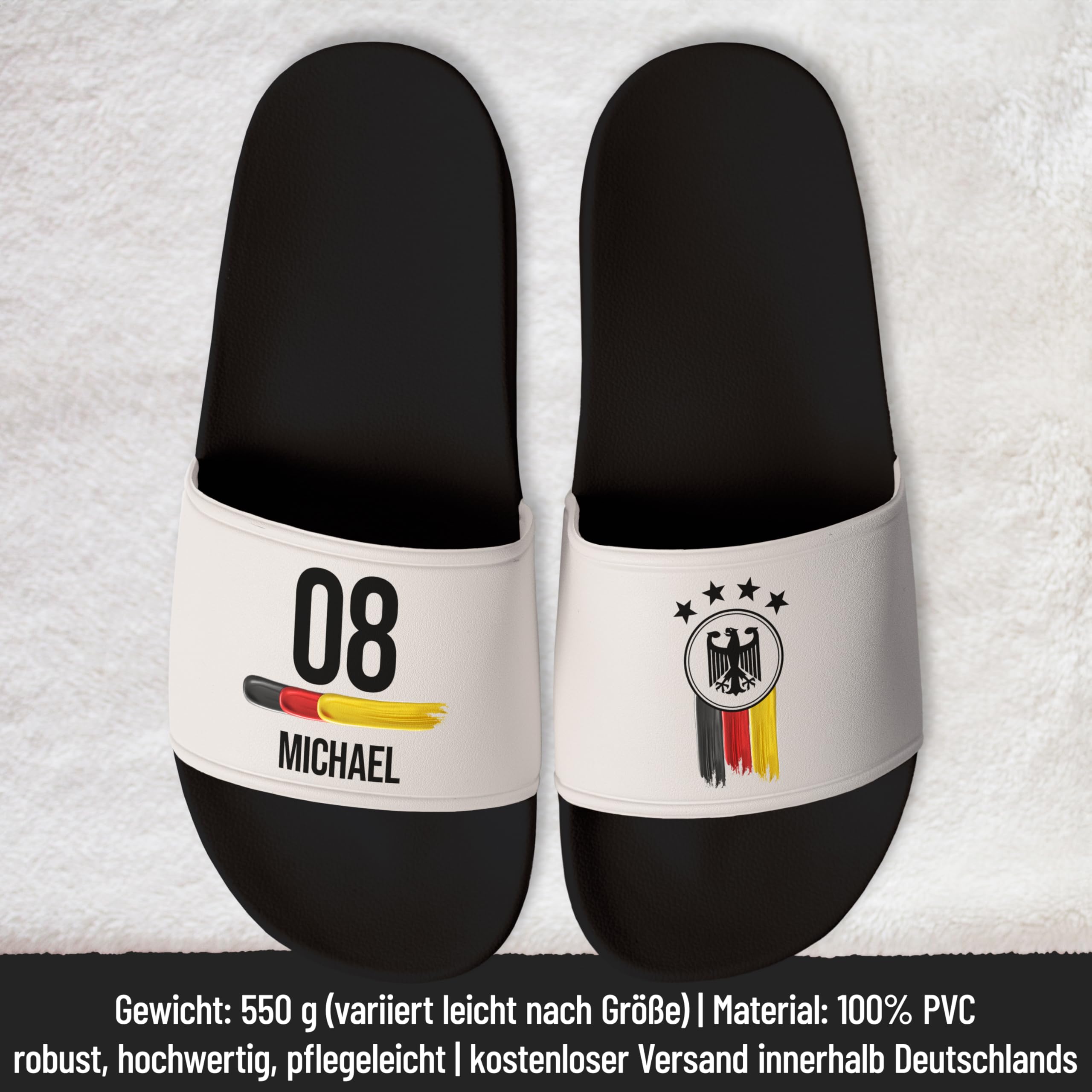 True Statements Deutschland Badelatschen - personalisiert mit Zahl & Namen - EM WM Fußball Fanartikel - Badeschlappen Herren Damen Kinder - Fan Geschenk - aus robustem PVC - Größen 28-47