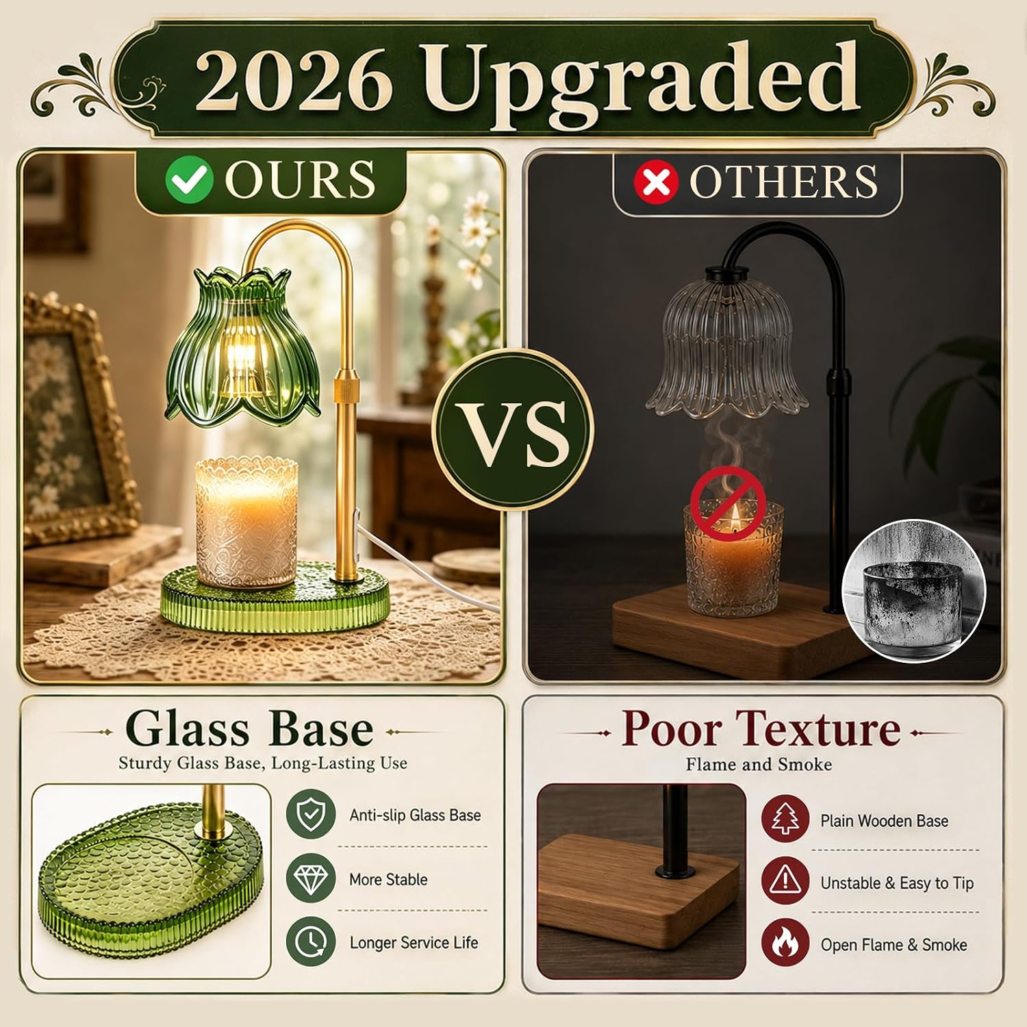 JACCAWS Candle Warmer Lamp with Timer Dimmer, Adjustable Height (Green) | Electric Wax Warmer Flower Lamp, Birthday Gifts for Women, House Warming Vintage Home Decor, Table Light for Living Bedroom