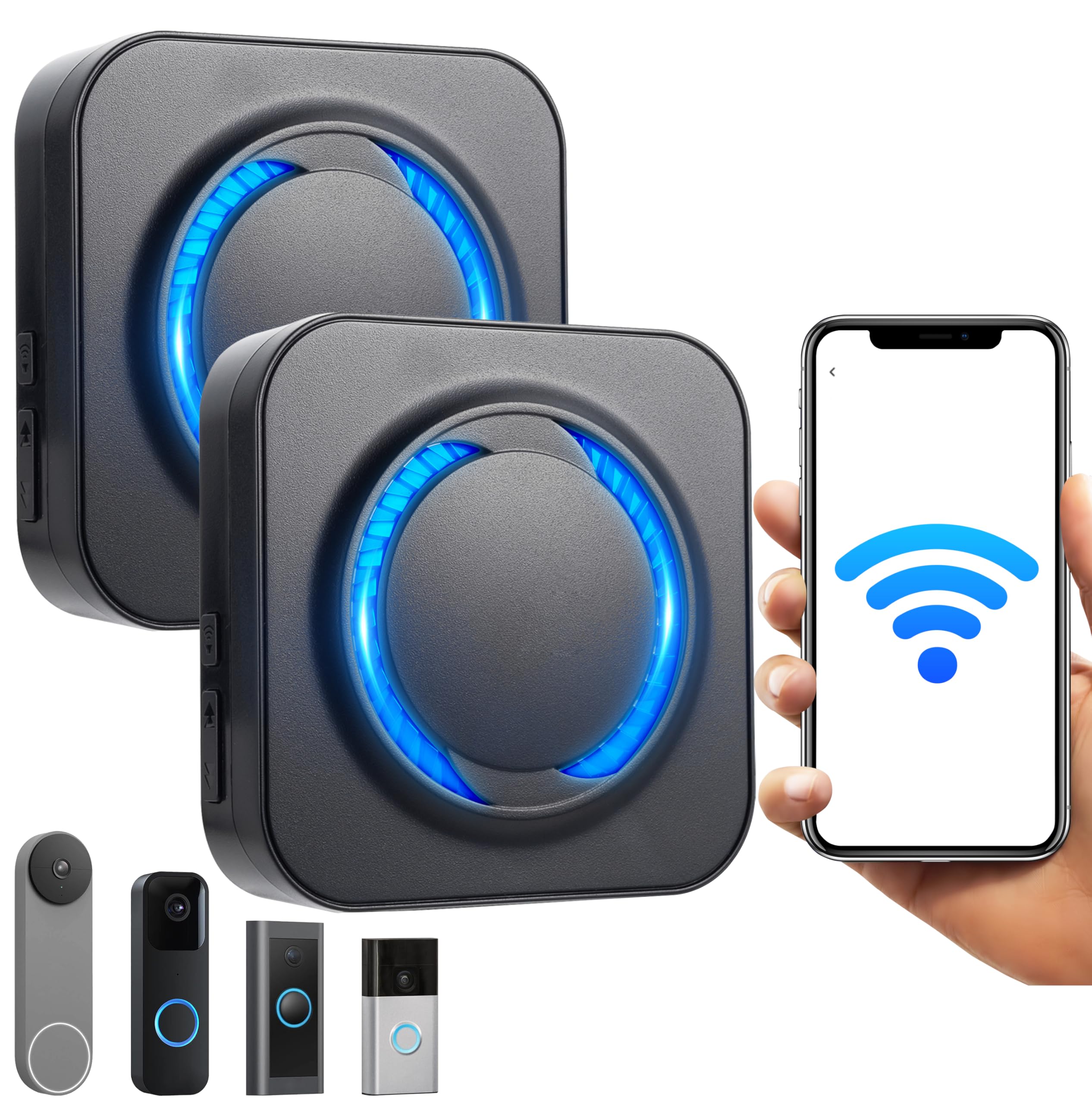 wifi doorbell chime 2 pack for google nest ring blink video doorbells(black) | works with alexa/google home, no wiring , 3min setup, no range limits, expandable to 99+, for large home villa apartment