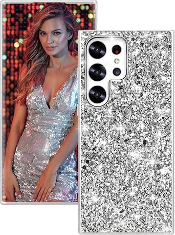 Silicone Case for Samsung Galaxy S25 Ultra 5G, Glitter Sparkle Bling, Hybrid Matte Back Case, Heavy Duty Shockproof Protective Cover, Silver