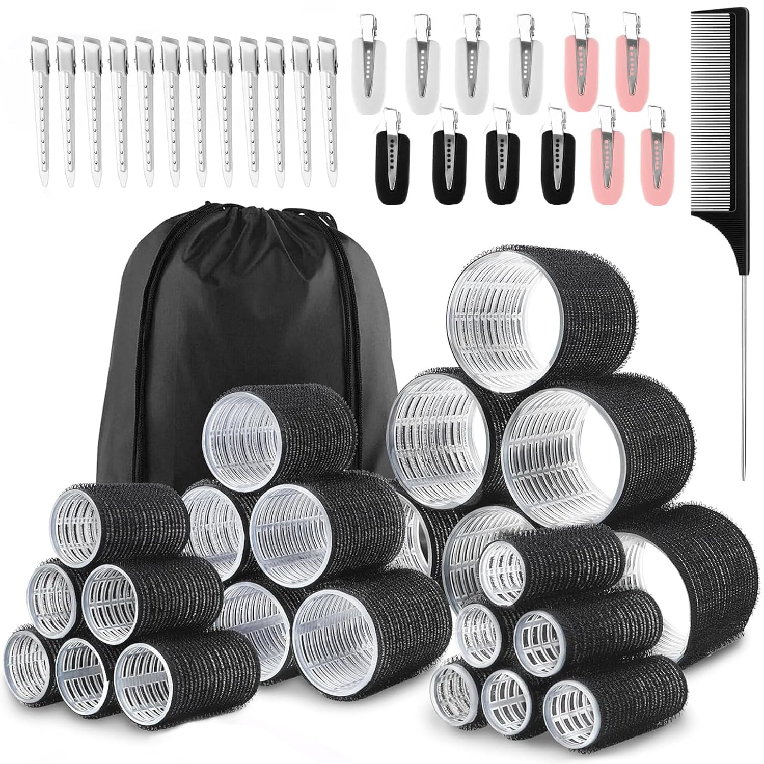 Caija-H 50Piece Hair Rollers set,Self Grip Hair Curlers for Long Medium Short Hair (6 Jumbo + 6 Large + 6 Medium + 6 Small + 1 Storage Bag) and 24Pcs Hair Clips /4-sizes 60 45 36 25mm