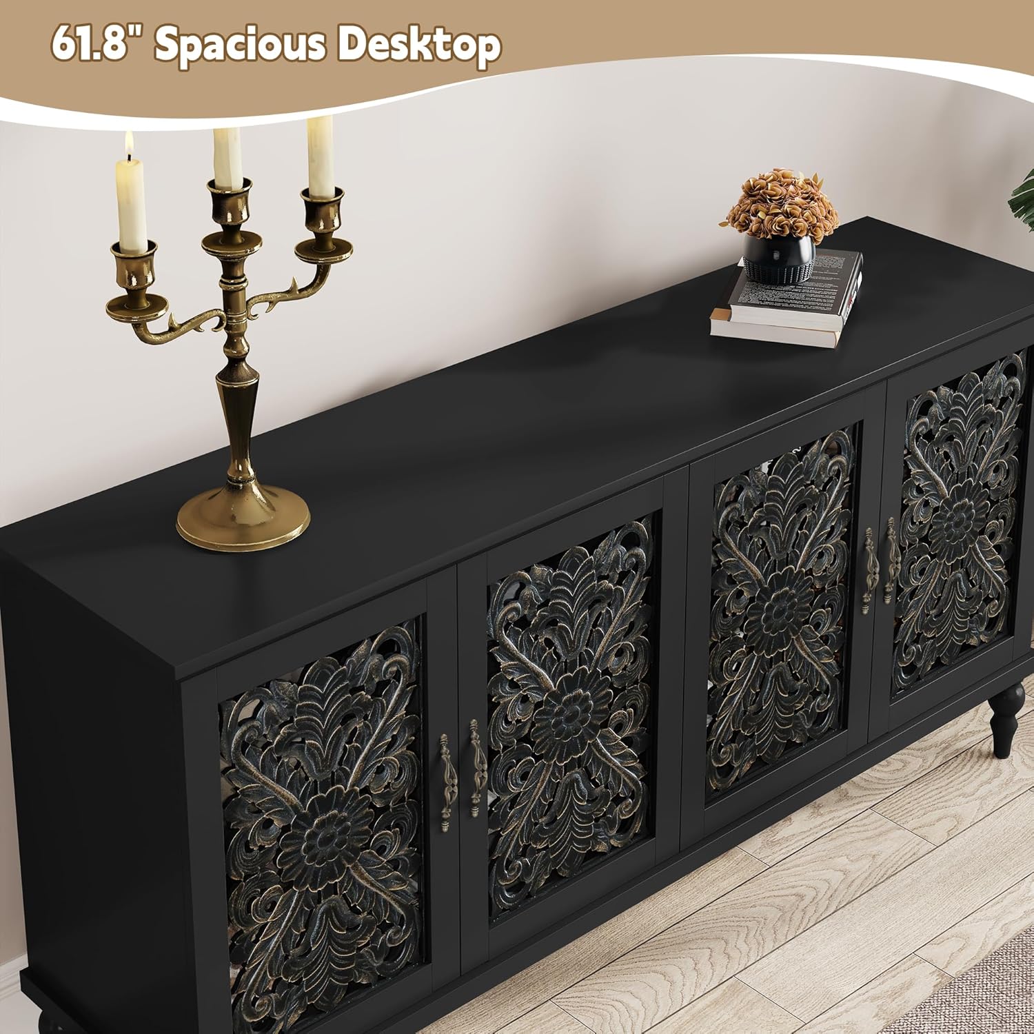 ARTPOWER 61.8" Hollow Carved Wood Accent Cabinet with 4 Doors, Vintage Sideboard Buffet with Adjustable Shelves, Credenza Storage for Living Room, Dining Room, Kitchen, Entryway, Hallway, Black