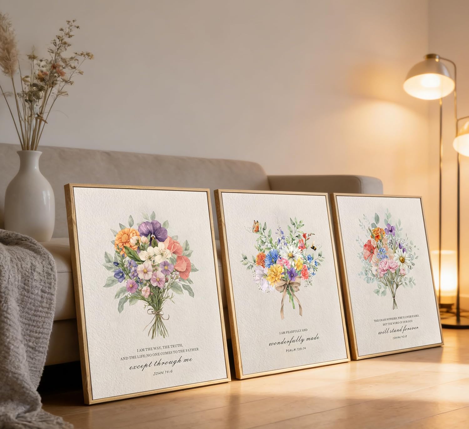 3Pcs Watercolor Floral Bible Verses Poster Wall Art Flower Scripture Painting Picture Wall Decor Religious Faith Psalm Canvas Print Artwork for Prayer Room Church Home Decoration 16x24in Unframed