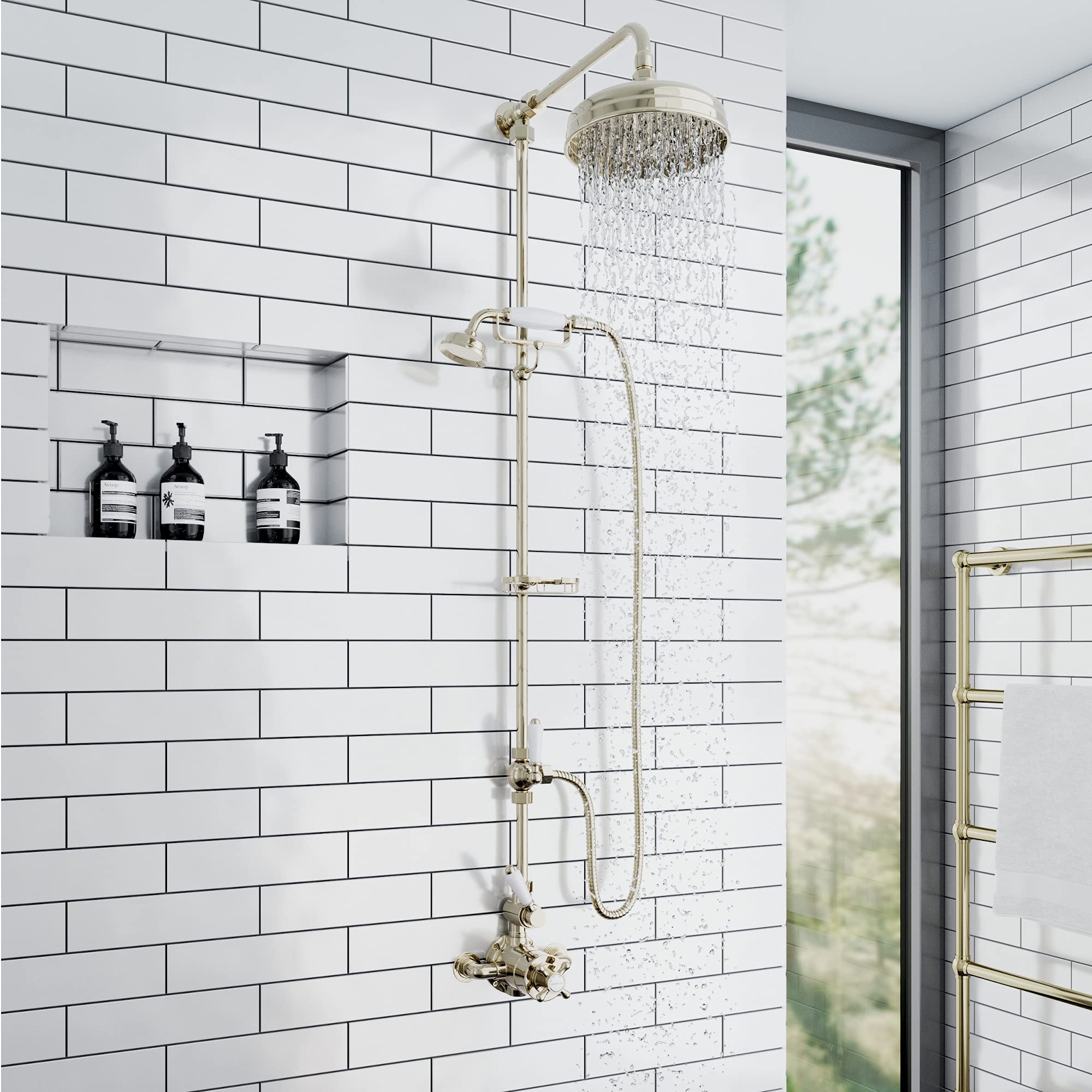 ENKI, Downton, SH0145, Shower Set with 2 Shower Head outlets, Telephone Style Cradle and soap Dish, White & Gold Shower Tap Attachment for Bathroom Showers, Traditional Thermostatic Shower Set, Gold