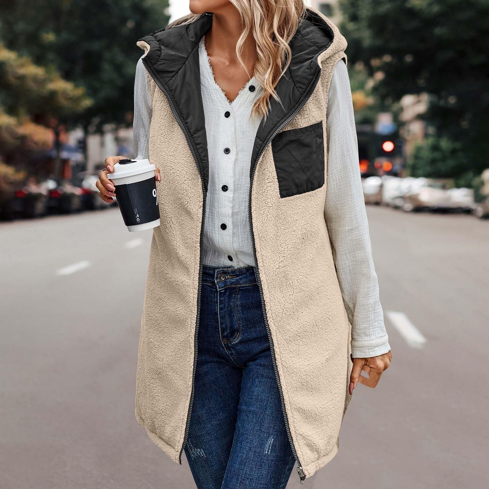 Gilet Réversible À Capuche Sans Manches Pour Veste Doublée En Polaire Avec Poches Fermeture Éclair Complète Vêtements D'extérieur Mode D'hiver Veste Réversible Sans Manches