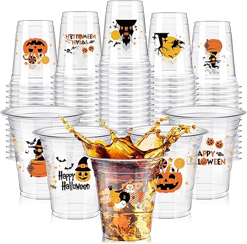 Eaasty Paquete de 100 vasos desechables de plástico para Halloween de 12 onzas, vasos desechables de 12 onzas de araña, calabaza, murciélago, vasos