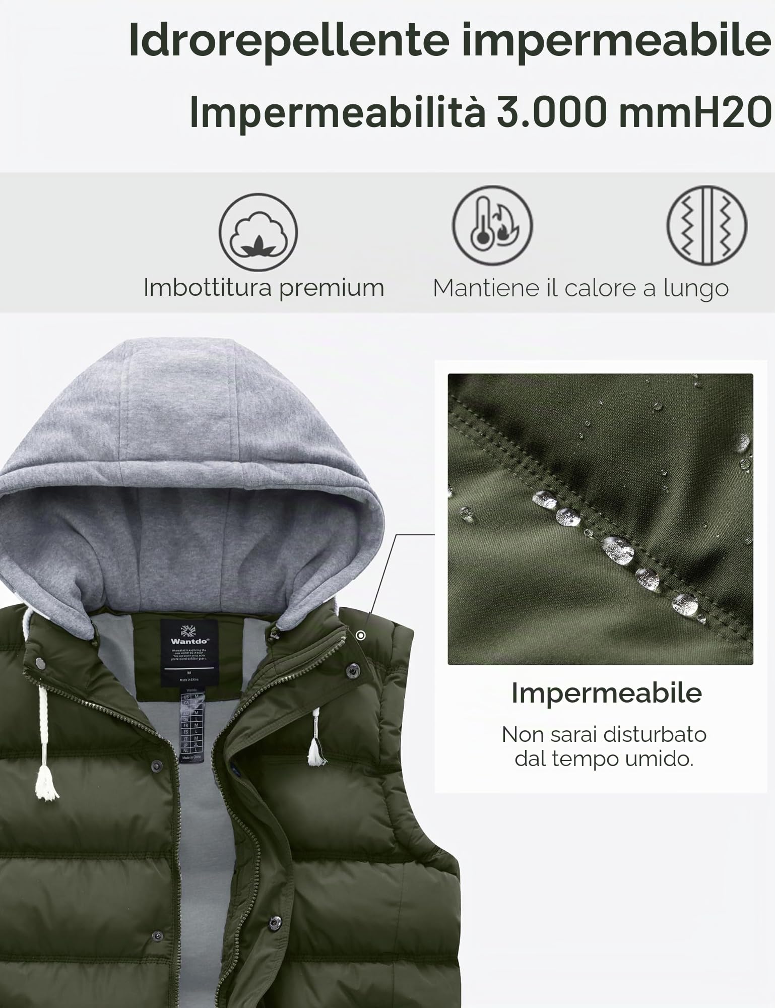 Wantdo Gilet Uomo Invernale con Cappuccio Trapuntato Senza Maniche | Caldo,Impermeabile,Cotone Imbottito, Isolato, Cappuccio Rimovibile,Antivento, Multitasche,Smanicato da Lavoro,Esterno,Casual