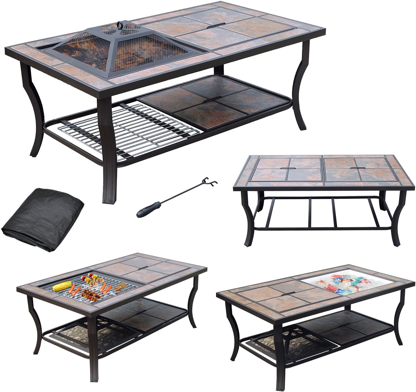 Axxonn 4 in 1 Rectangular Tile Top Wood Burning Fire Pit (44" x 25"), Cooler, Grill and Coffee Table with Cover, Brownish Bronze