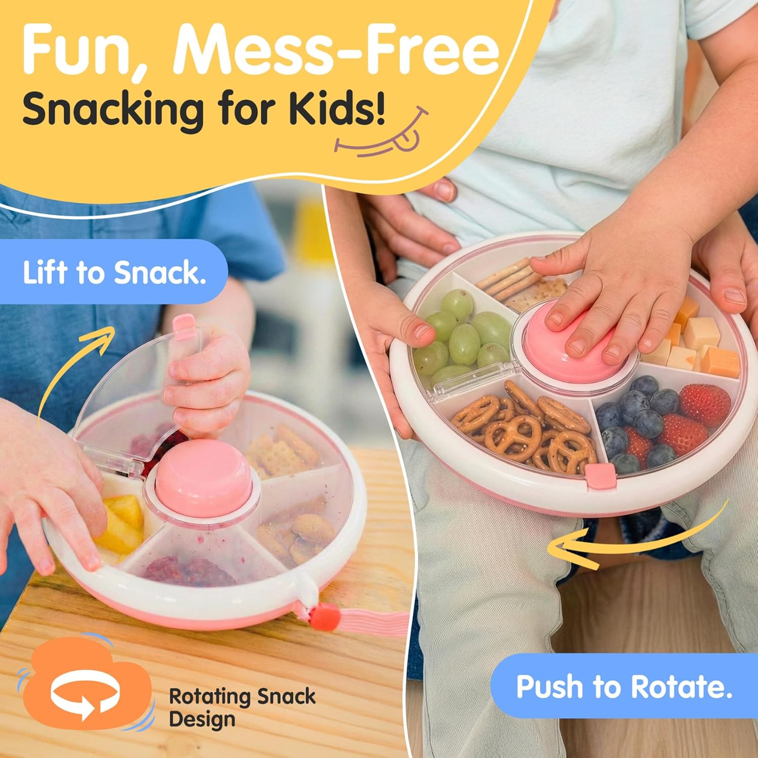 TRENDO Snack Spinner for Toddlers – Pink Rotating Snack Container, BPA & PVC-Free Baby Snack Box, Spill-Proof Toddler Snack Container with Hand Strap, 5 Compartments Travel Snack Box for Kids