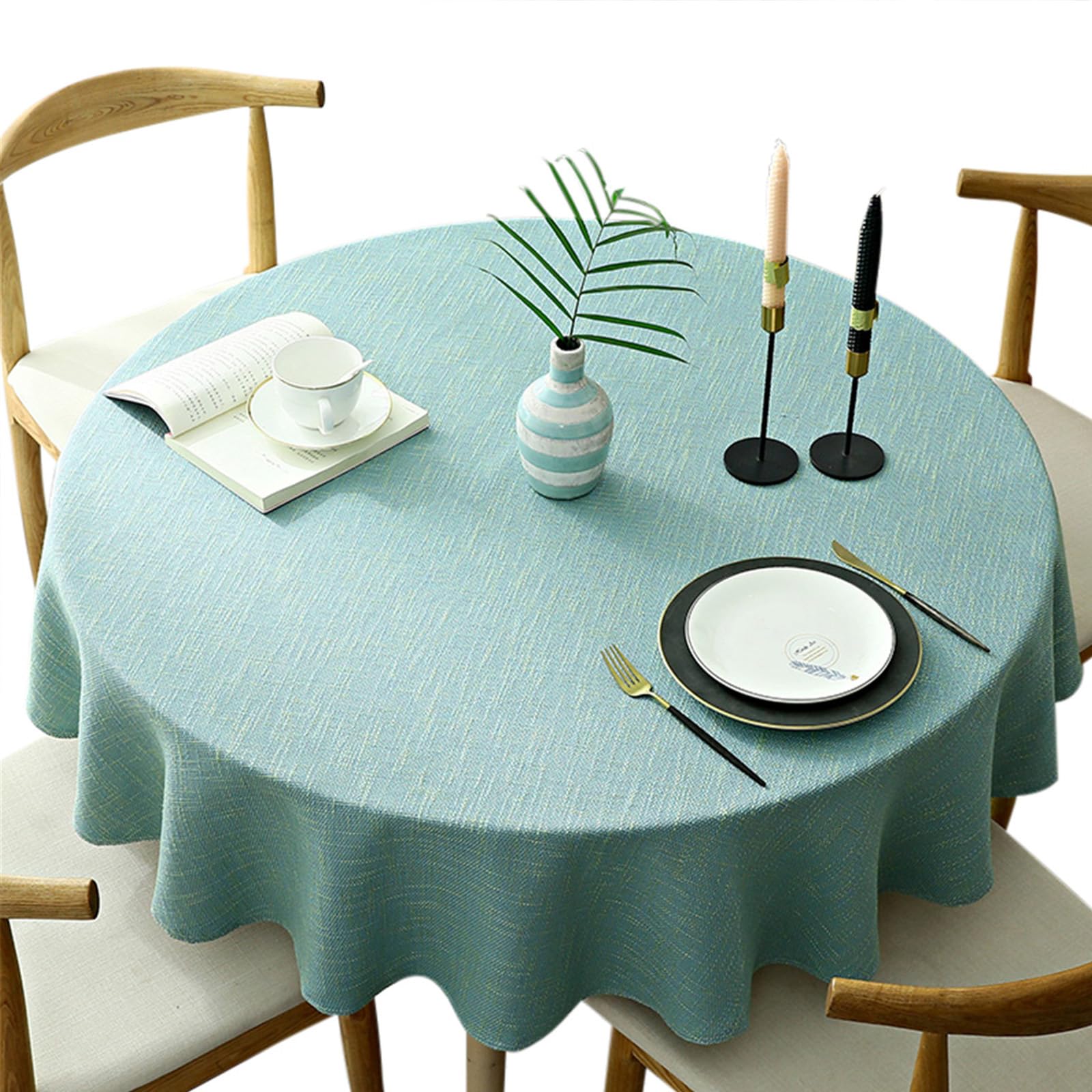Fhberni Heavy Weight Round Tablecloth, Decorative Solid Color Table Cover, Cotton Linen Table Cloth for Kitchen Dining Home Tabletop Decoration, Aqua,