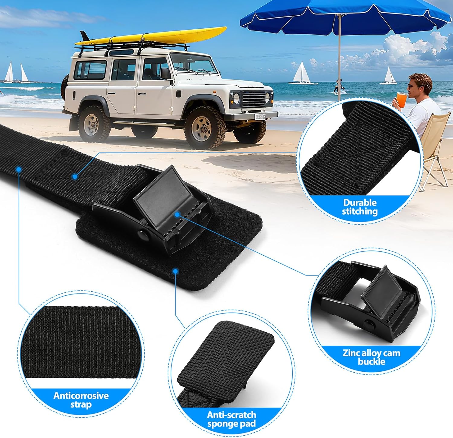 Kayak Straps for Roof Racks 4-Pack 16.4FT Heavy Duty Cam Buckle Tie Downs with Thick Sponge Pads, Lashing Straps for Canoe SUP Surfboard Motorcycle Boat Trailer Cargo Securement (1" x 16.4FT) - Image 2