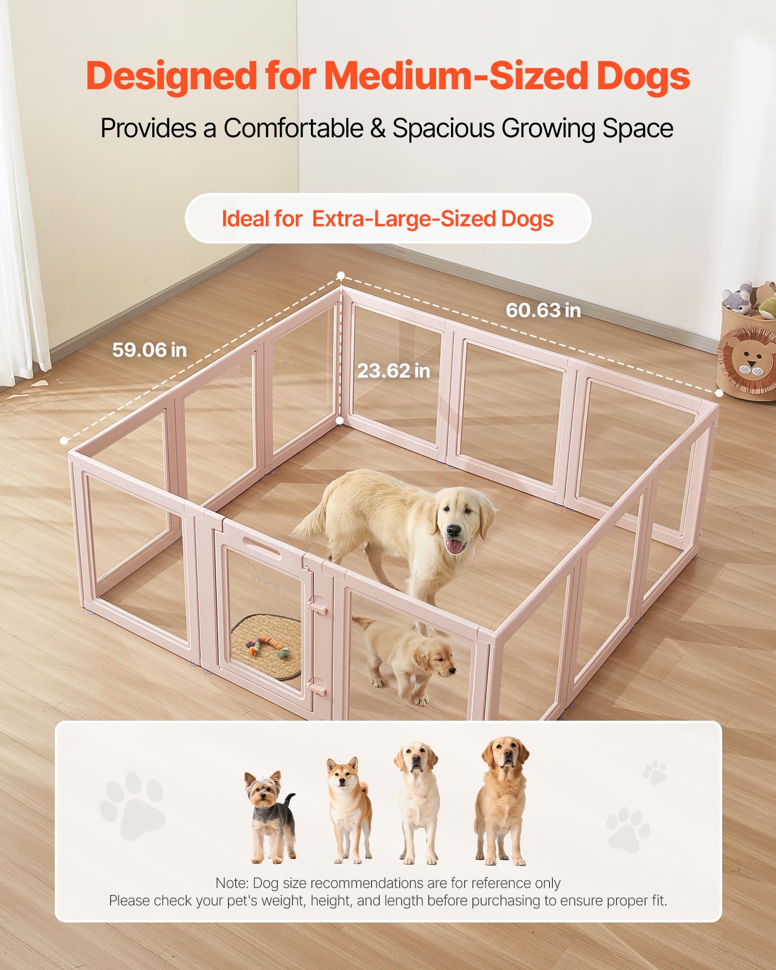 VEVOR Parc de Mise Bas pour Chien, 154 x 150 x 60 cm, Caisse de Mise Bas pour Chiots, avec Fenêtres Transparentes et Serrure, Cadre Rose Clair, Kit Naissance Durable pour Chiens de Très Grande Taille