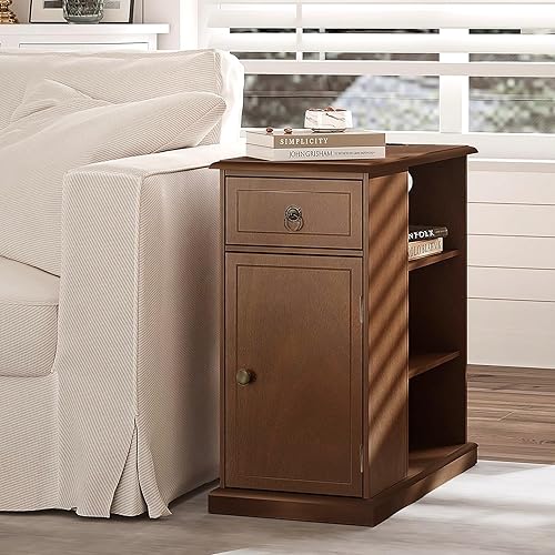 Treocho Mesa auxiliar de granja con estación de carga, mesita de noche estrecha con almacenamiento de exhibición, mesa auxiliar para sofá espresso