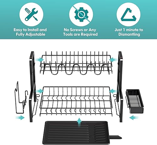 Miniatura 6 de Boosiny - Juego de escurridor de platos y escurridor para encimera de cocina organizador grande de fregadero de acero inoxidable de 2 niveles con