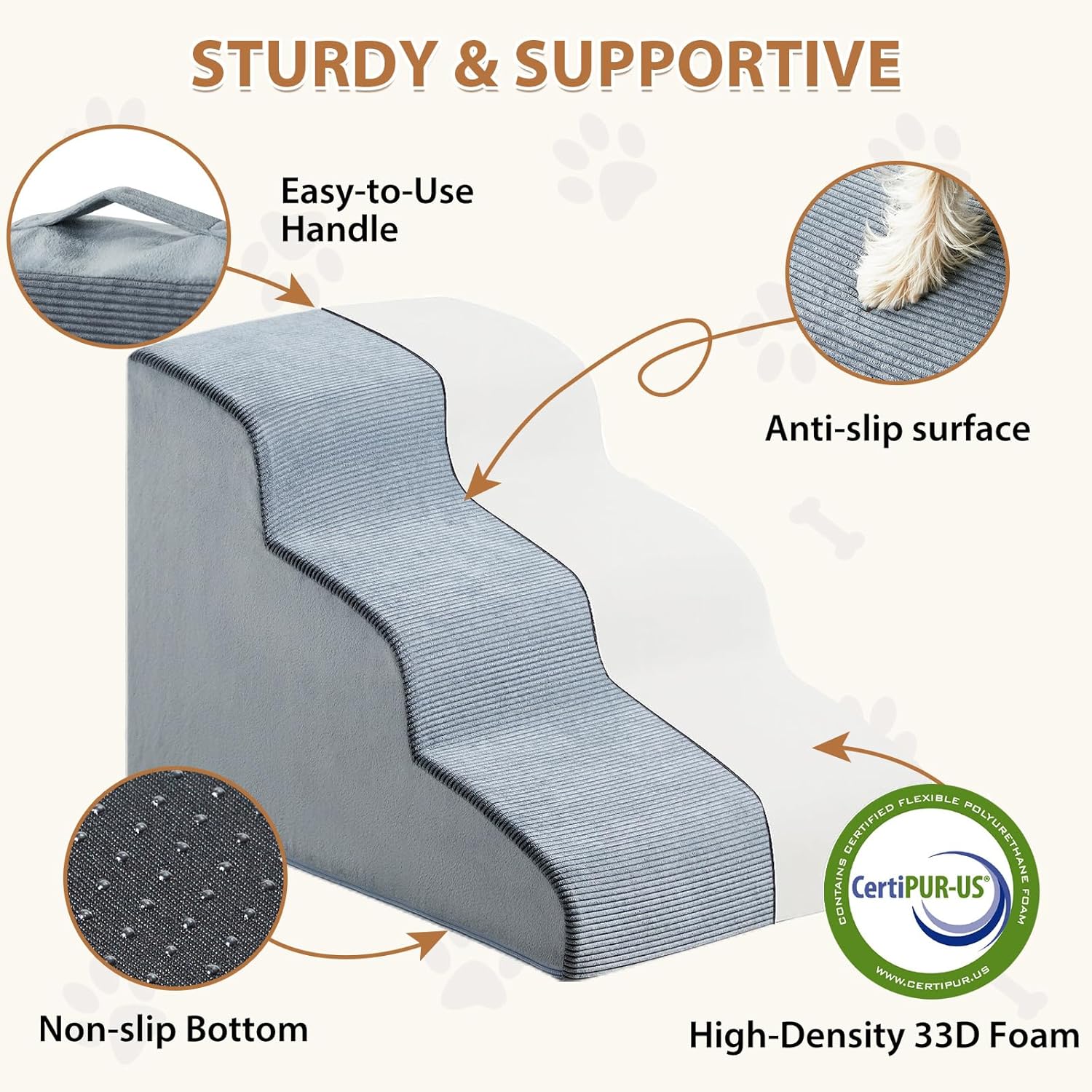 LNSSFFER Dog Stairs for Small Dogs, 5-Steps Dog Ramp for High Bed, Pet Stairs with Highly Supportive Foam and Non-Slip Bottom, Dog Stairs for Large Dogs and Medium Dogs, Grey