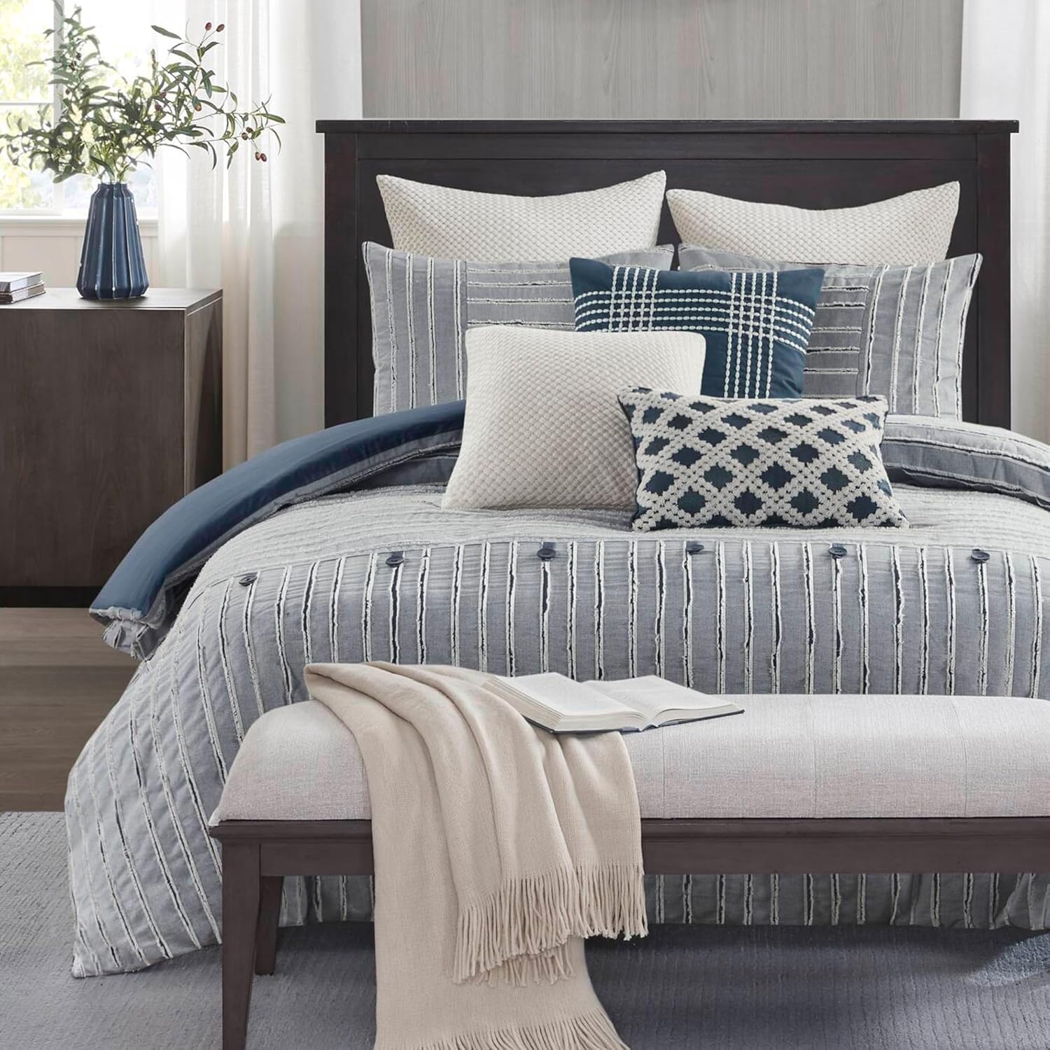 Madison Park Comforter Cotton Clipped Jacquard, Oversized Comforters King Size Bed, All Season Down Alternative Overfilled King Size Comforter, Essence, King/Cal King, Blue 9 Piece Blue King