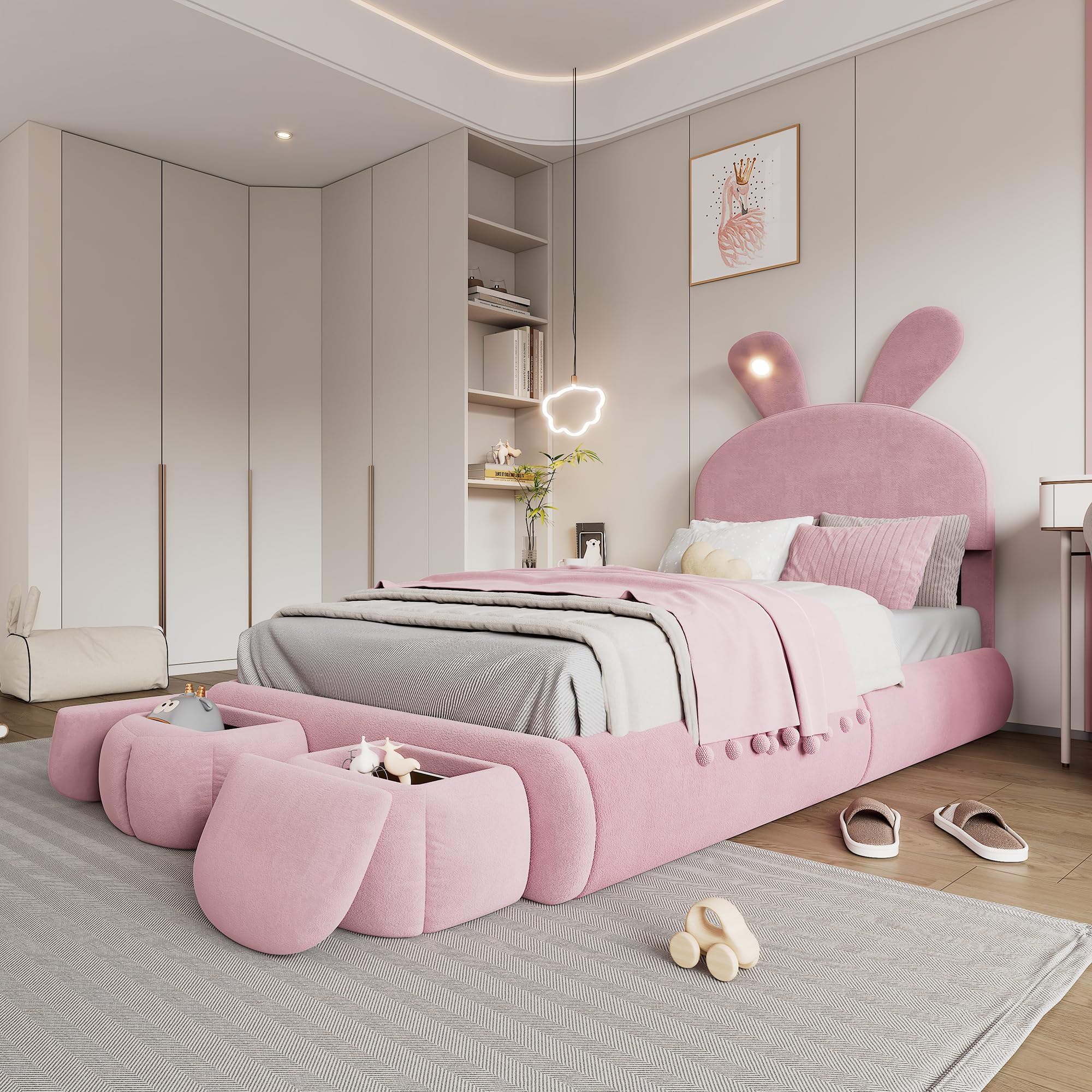 Soweiz Cama tapizada, cama individual, con orejas de conejo y tiras de luz de color cálido con brillo ajustable, con dos cajones de almacenamiento, cama infantil con somier de madera, terciopelo