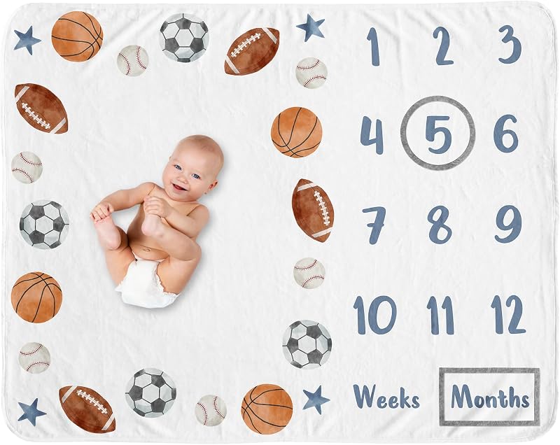 Tema deportivo Niño Bebé Hito Manta Recién nacido Mensual Primer año Foto Gráfico de crecimiento Juego de regalo de memoria infantil Acuarela Vintage Balones de fútbol Fútbol Béisbol Baloncesto Estrellas azules