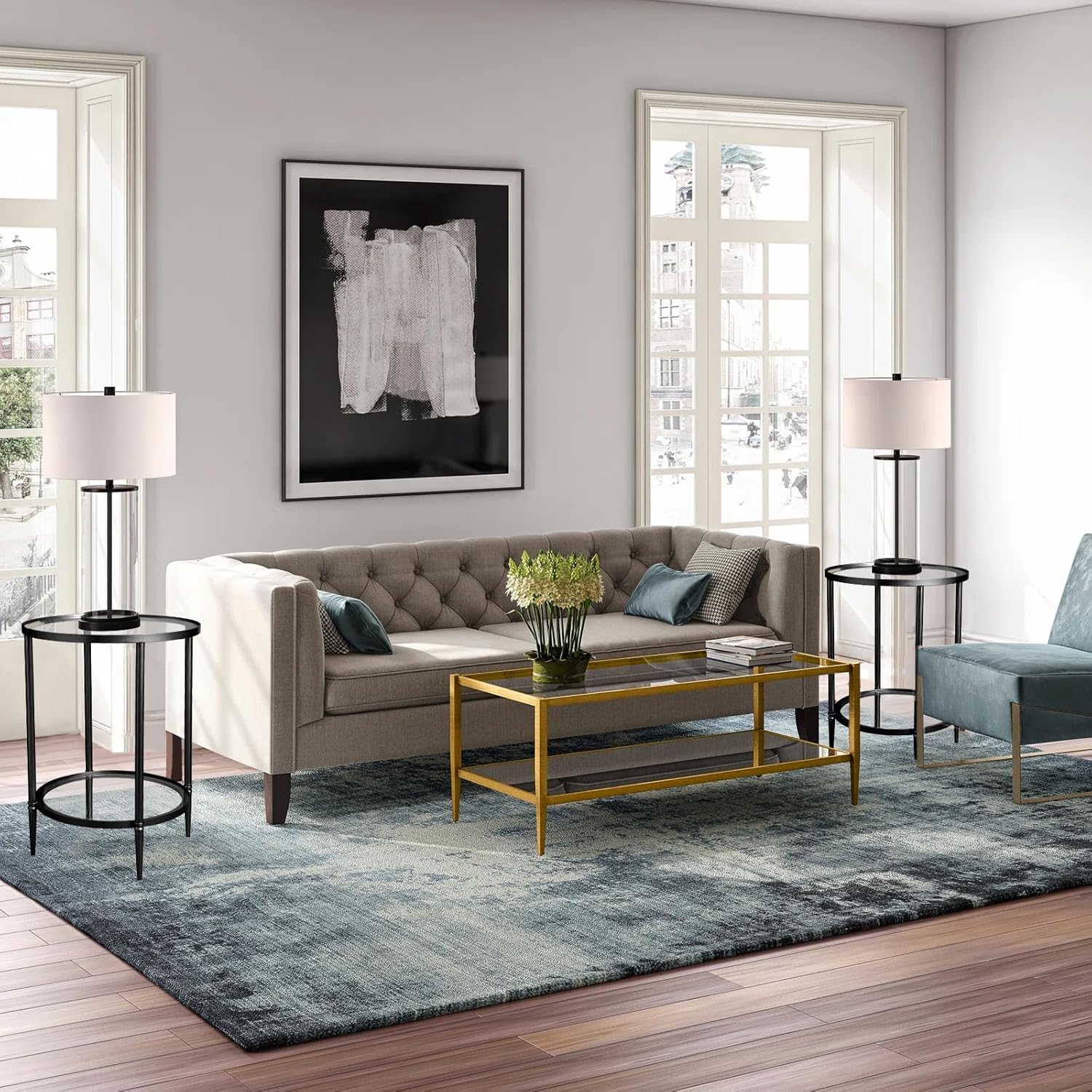 2 Tier Round Side Table, Black End Table with Glass Top, Modern Metal Clear Coffee Table，Small Accent Tables for Living Room, Bedroom, 18" x 18" x 24"