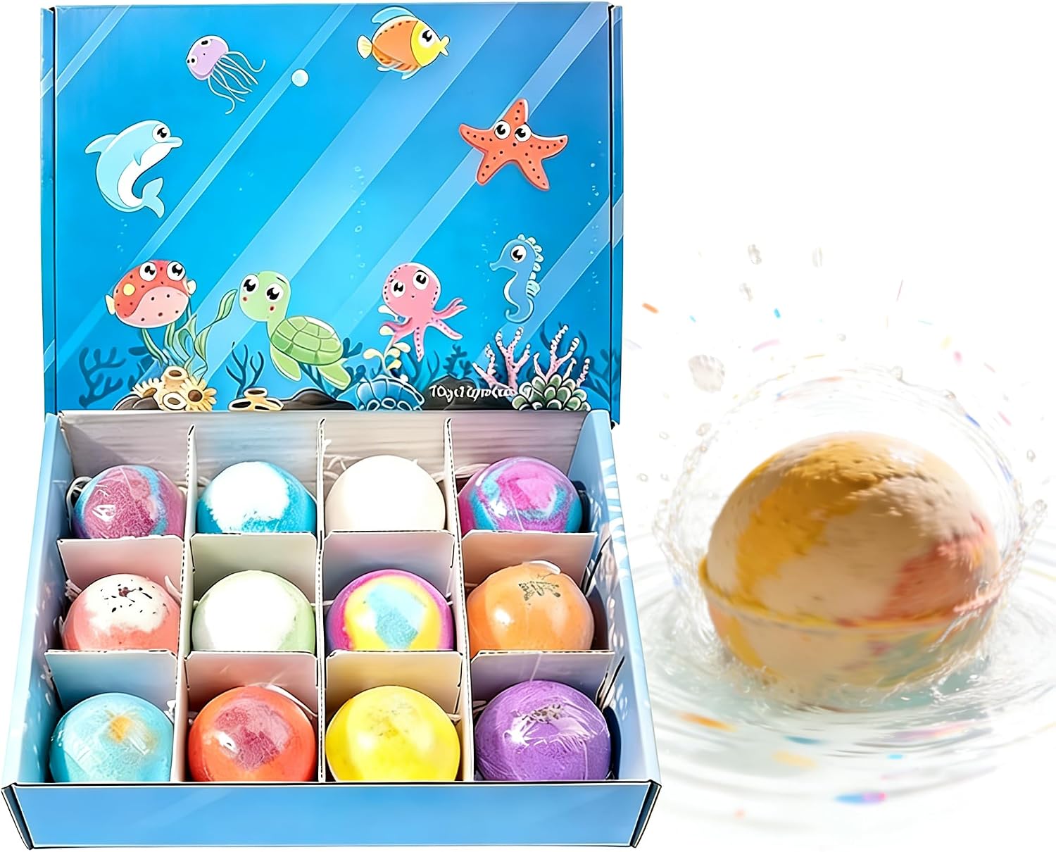 Bath Bombs with Toys Inside, 12Pack Bath Bombs with Surprise Spring Inside, Ocean Toy Bath Salt Ball Sleeve Box Bath Bomb, Upgrade Kids Bath Bomb Gift (Ocean Theme)