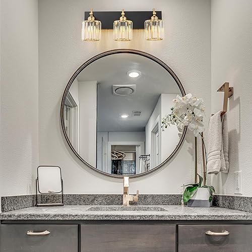 Miniatura 2 de Modernas luces de cristal para tocador de baño, 3 luces de baño de oro negro sobre el espejo, lámpara de tocador de cristal con acabado dorado