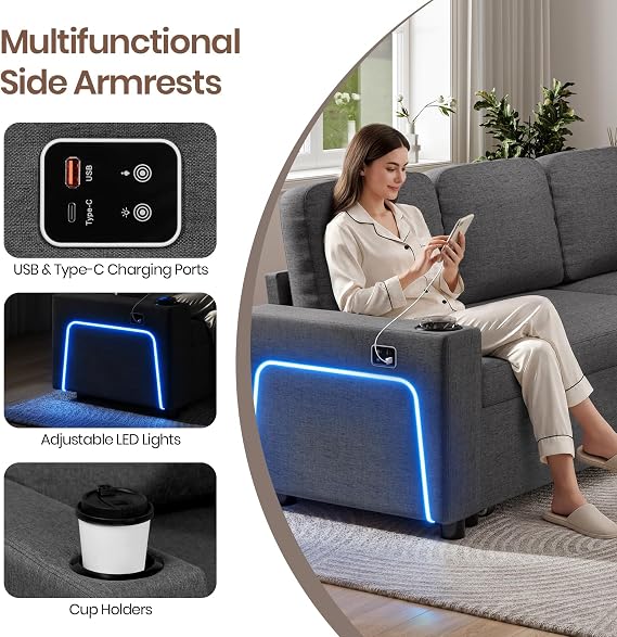 Corner Sofa Bed, L-Shaped Convertible Sleeper Sectional Sofa Bed with Led Lights, USB & Type-C Ports, Storage and Cup Holders, 3 Seater Linen Pull Out Couch Bed for Living Room, Bedroom, Grey