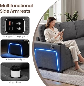 Corner Sofa Bed, L-Shaped Convertible Sleeper Sectional Sofa Bed with Led Lights, USB & Type-C Ports, Storage and Cup Holders, 3 Seater Linen Pull Out Couch Bed for Living Room, Bedroom, Grey
