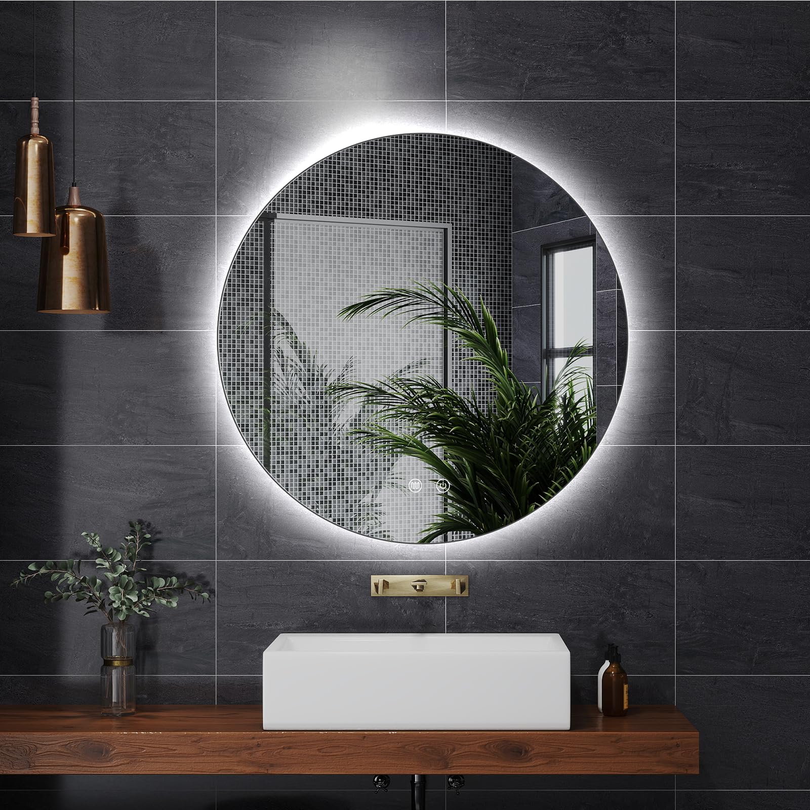 CROWNSHOP Bathroom Mirror with LED Lights, 70cm Round Whirlwind Illuminated Wall Vanity Mirror With Touch Switch, Backlight,Anti-Fog, Smart Frameless Mirror, IP54