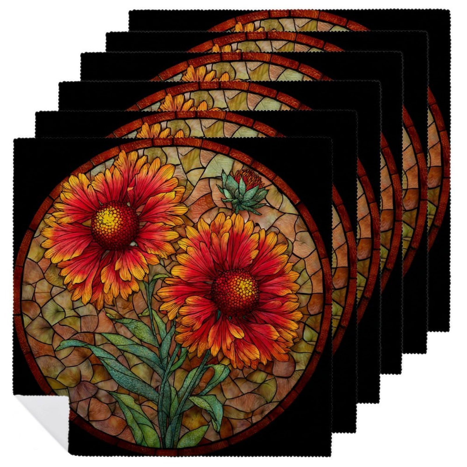 Stained Glass Indian Red Flower Simple Cloth Napkins Set of 6, Square Premium Reusable Washable Polyester Table Linen Napkin for Dinner Party