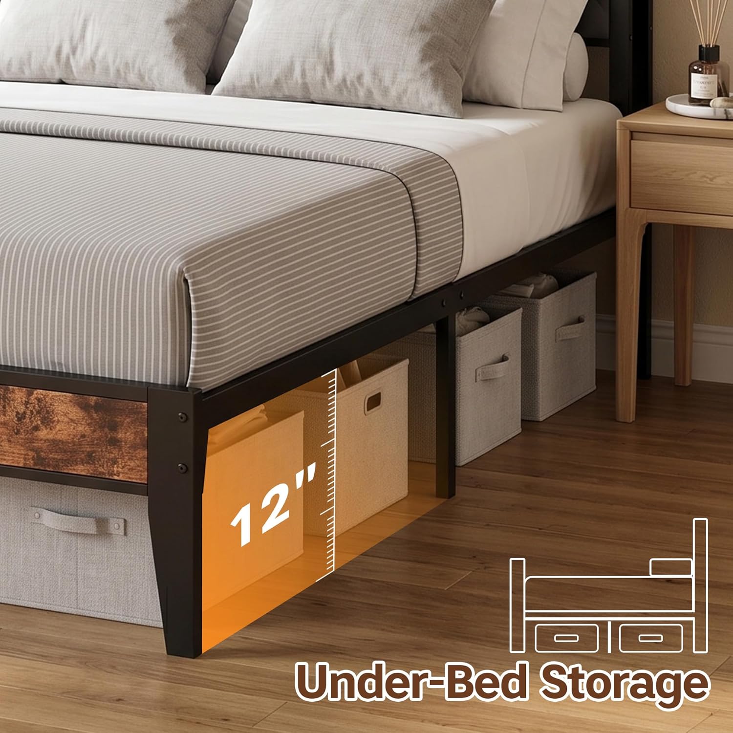King Size Bed Frame with Charging Station, King Bed Frame with Upholstered Headboard, Metal Platform Bed with 2-Tier Open Shelves, Large Under Bed Storage, Non-Slip Without Noise, Grey