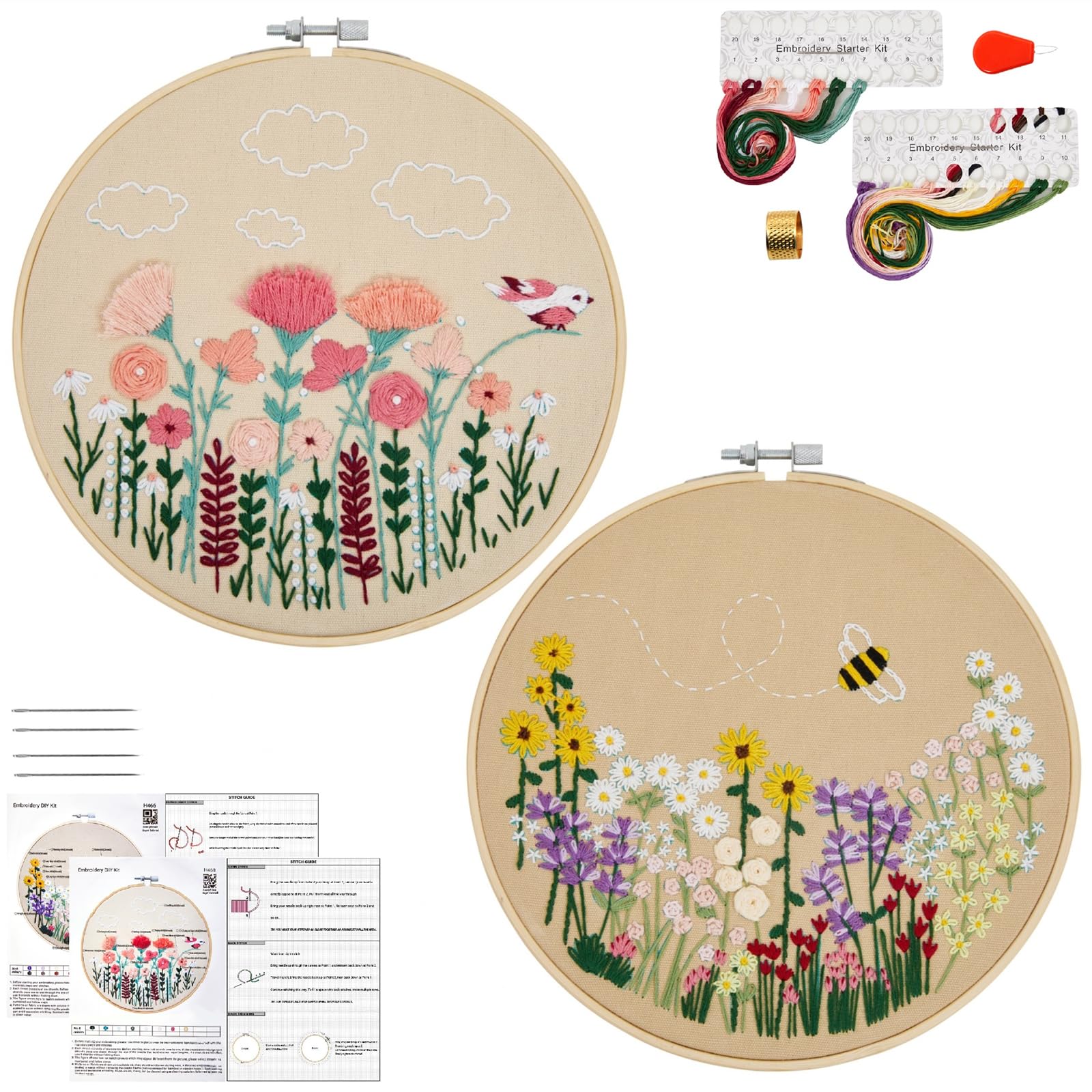 Flowers Embroidery Kits for Beginners Adults, Floral Hand Embroidery Set Needlepoint Kits, Stamped Cross Stitch Kits for Beginners Adults, 2 Embroidery Hoops, Fabric, Thread (Attached Video Tutorial)
