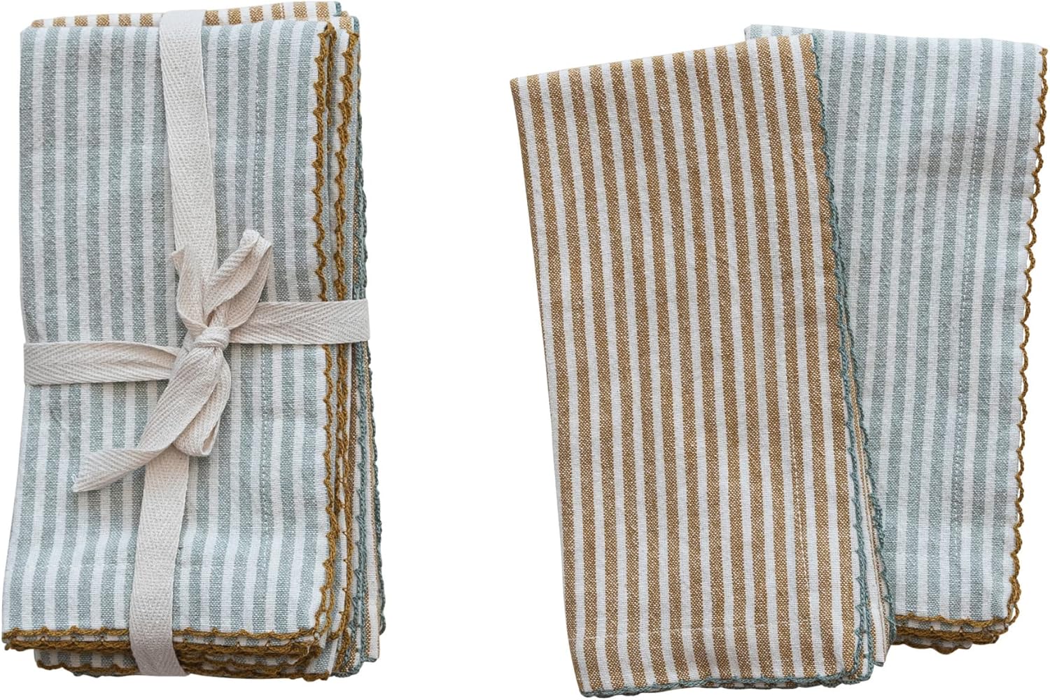 Creative Co-Op Multicolor Striped Cotton Napkins Set of 4, Scalloped Edge Square 18x18 - Farmhouse Cottage Table Linens