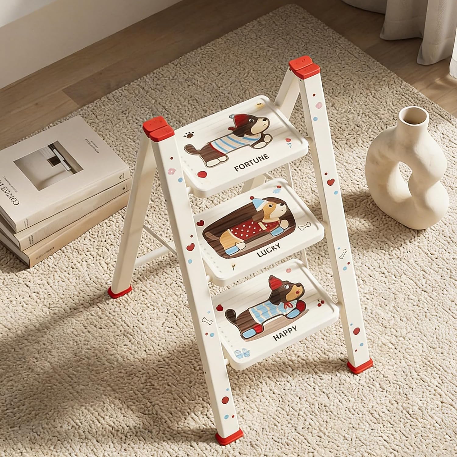 3 Step Ladder,Lightweight Folding Step Stool with Dachshund Print,Anti-Slip Pedal,Double-Layer Anti-Slip Feet,600 lbs Capacity Heavy Duty Step Stool,Sturdy Step Ladder for Home, Kitchen, Adults