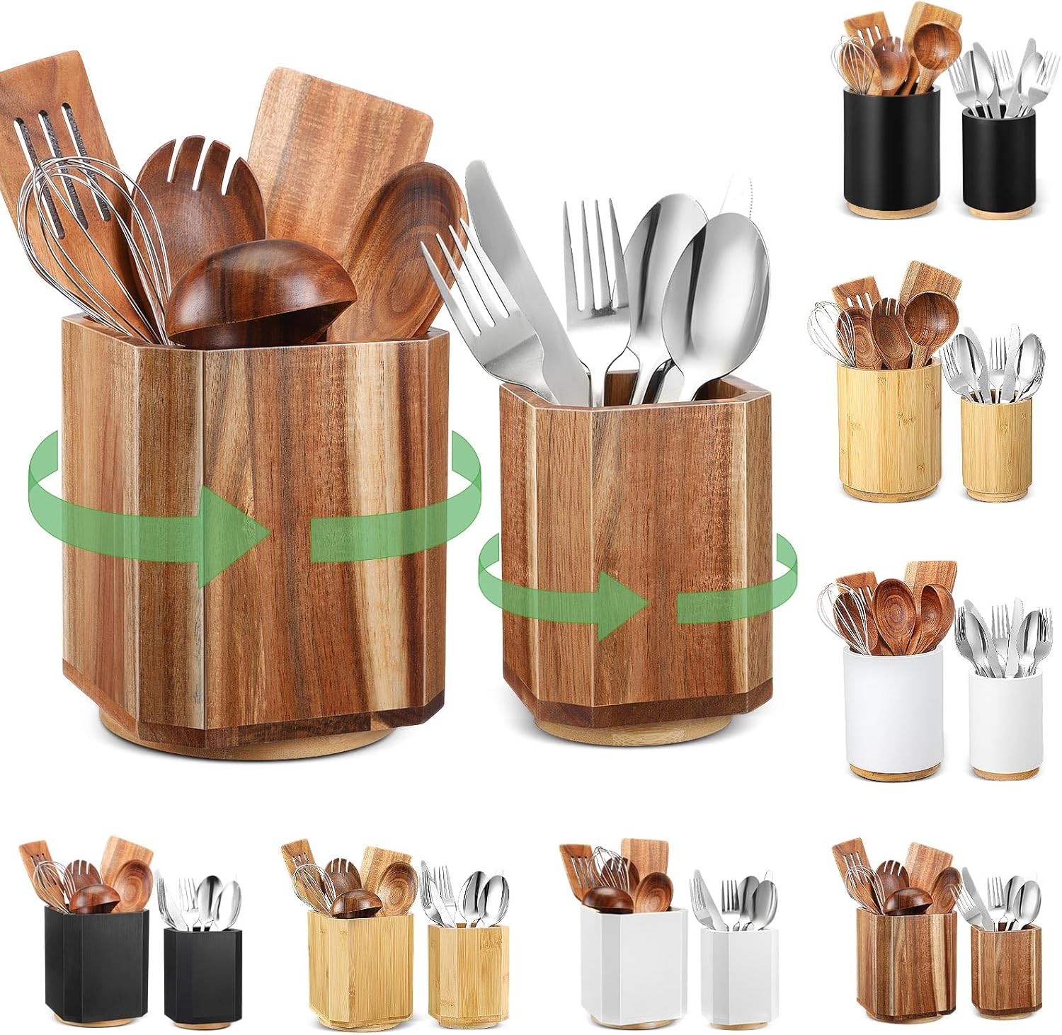 SiliFine 2 Pack Wooden Utensil Holder, 360°Rotating Kitchen Cooking Utensil Crock, Spoon Spatula Holder for Kitchen Counter, Farmhouse Countertop Organizer(Acacia,Square)