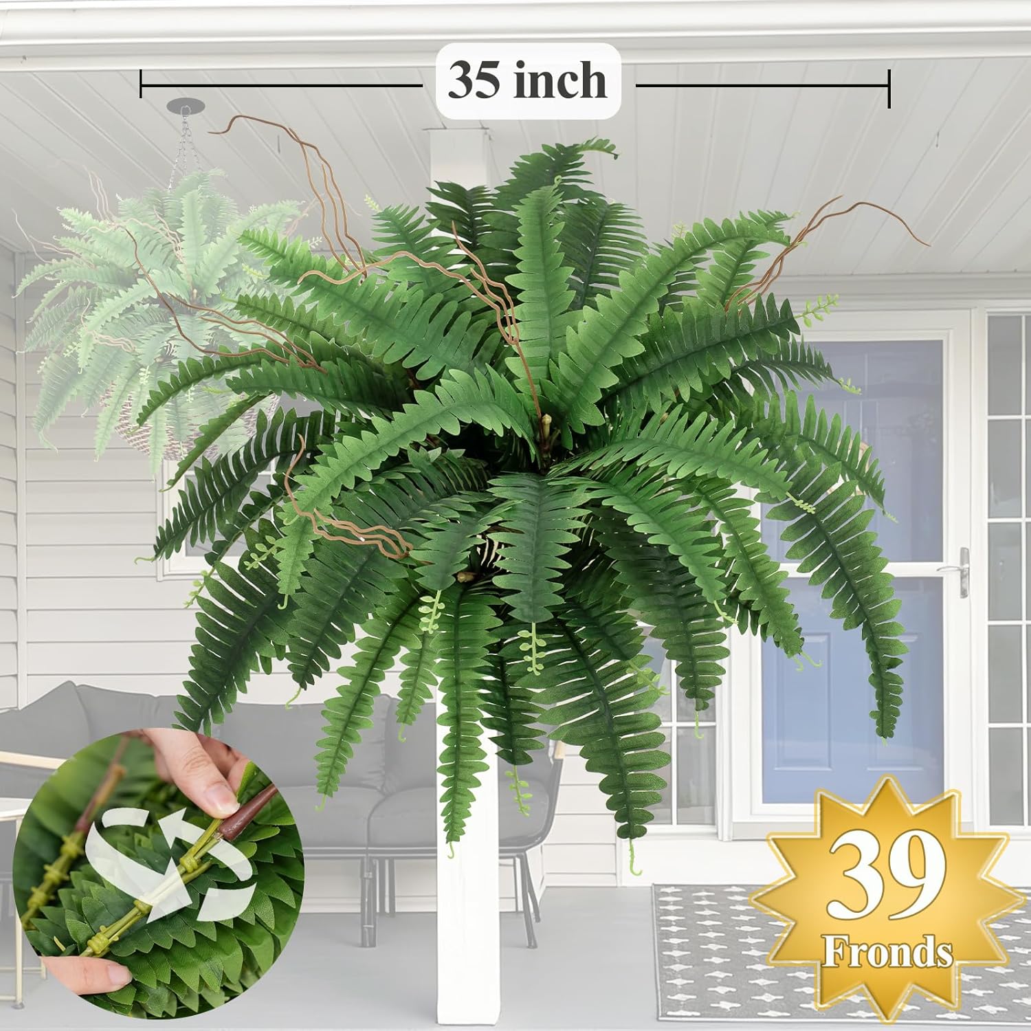 35” Artificial Boston Fern Bush Plant, 2 Faux Ferns for Outdoors Large, Fake Ferns Realistic Artificial Plants with 39 Fronds for Garden Porch Patio Home Office Living Room Decor Green - Image 3