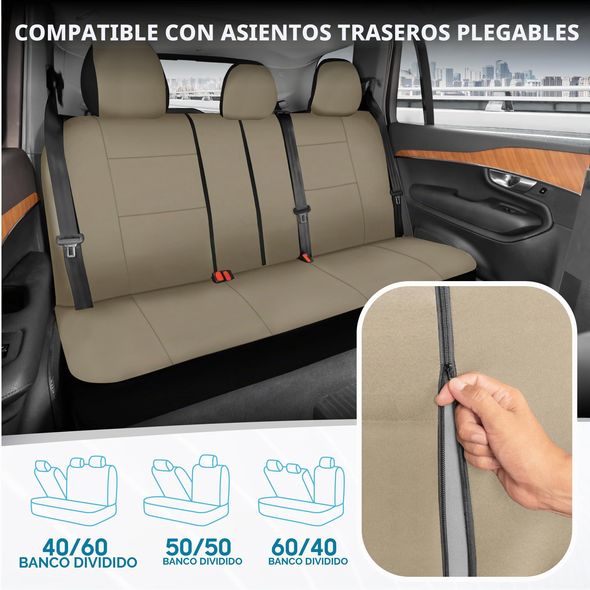 BDK PolyPro - Juego Completo de Fundas de Asiento de Coche en Color Beige sólido, Fundas de Asiento Delantero y Trasero Dividido para Coches, fácil de Instalar, Accesorios de Coche para automóviles,