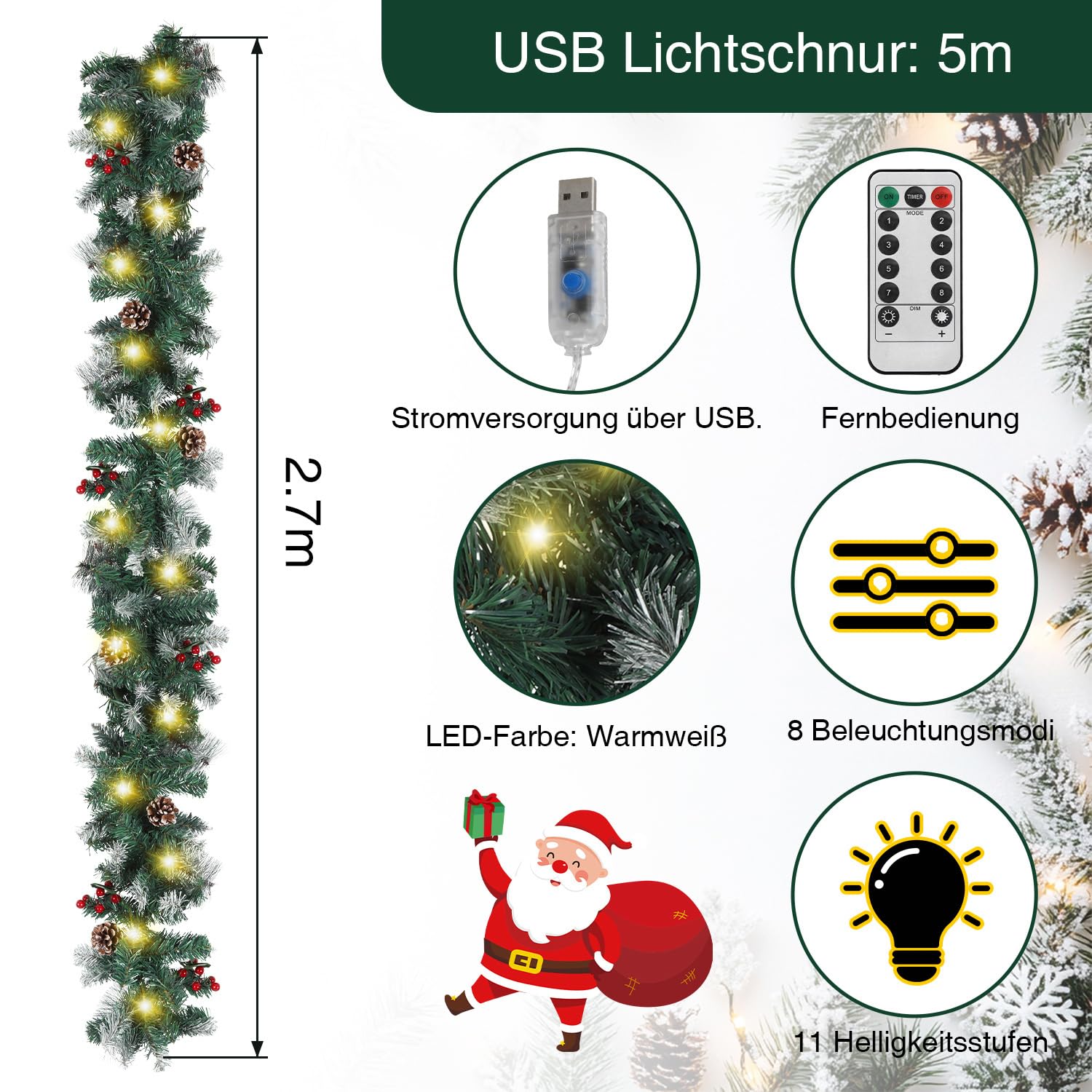 Weihnachtsgirlande mit Beleuchtung, 2er 2.7M Künstliche Tannengirlande inkl.Deko und Fernbedienung, Warmweiß LED Kette USB 8 Leuchtmodi, Weihnachtsdeko Weihnachten