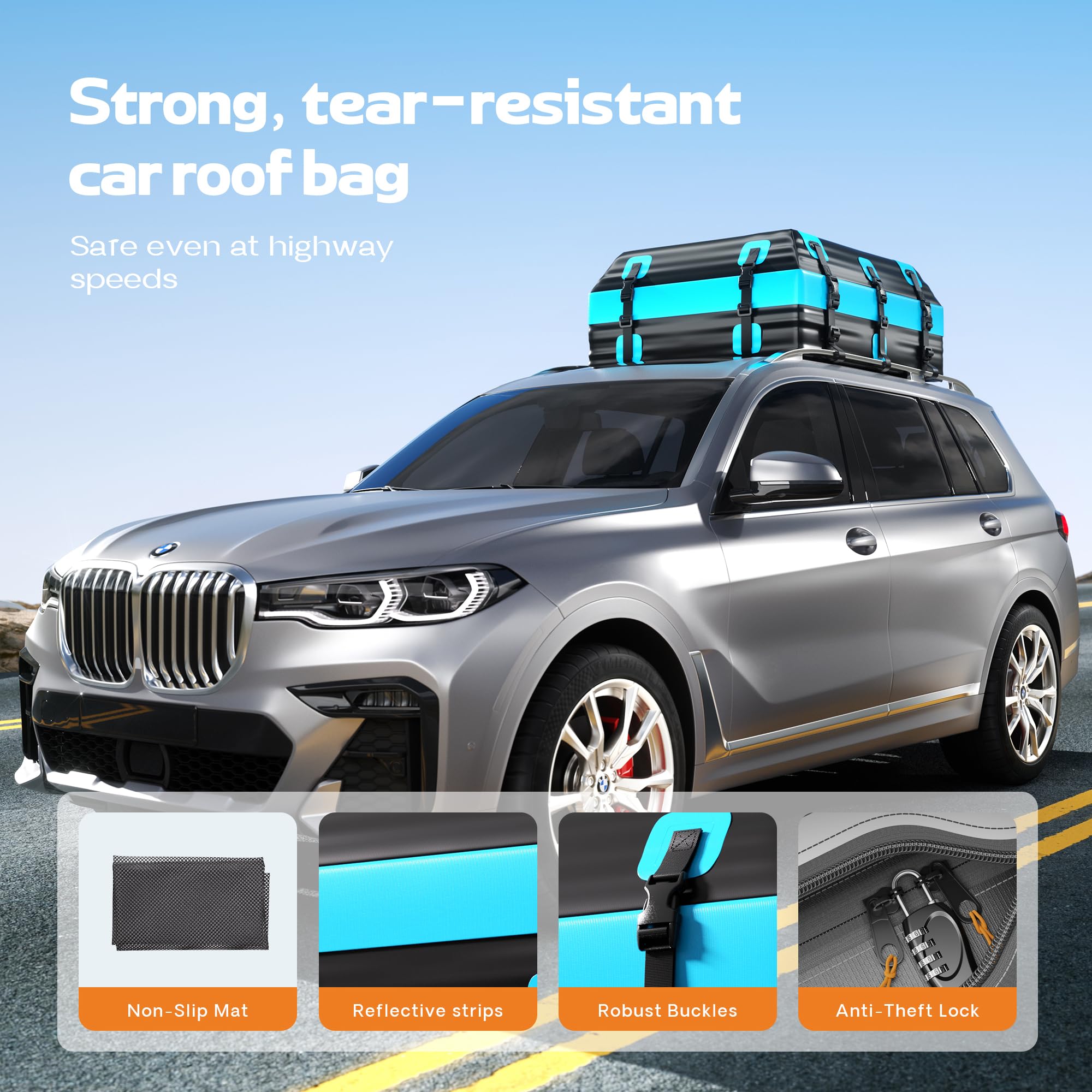 Coffre de toit de voiture 437 l, sac de toit pliable en PVC avec tapis antidérapant, sangles de serrage renforcées, 6 crochets de porte et serrure à combinaison, compatible avec SUV, camionnette